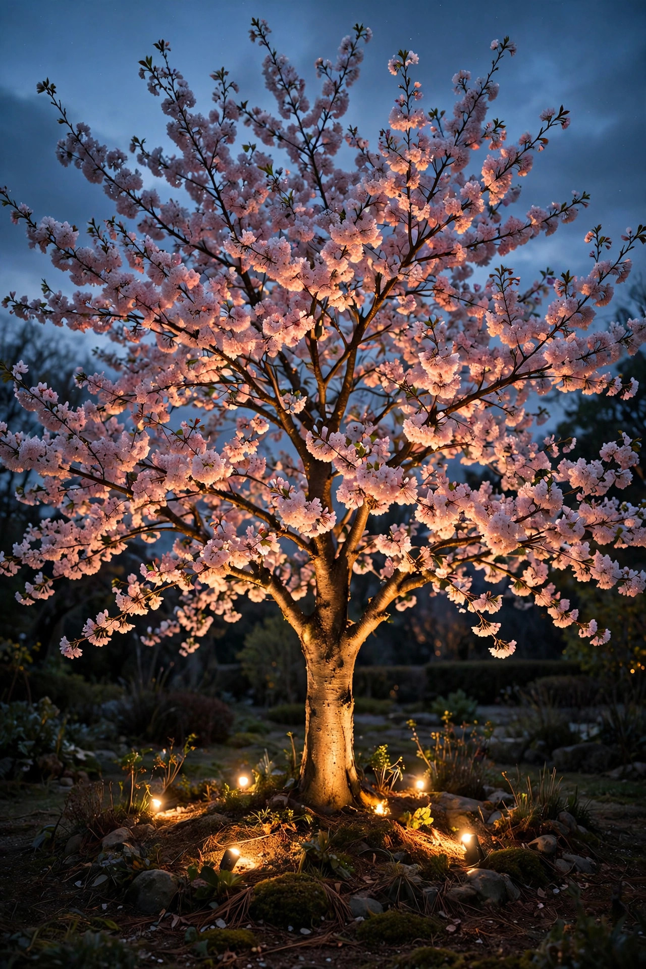 Blooming spring tree uplit warmly from its base against a dusky evening sky