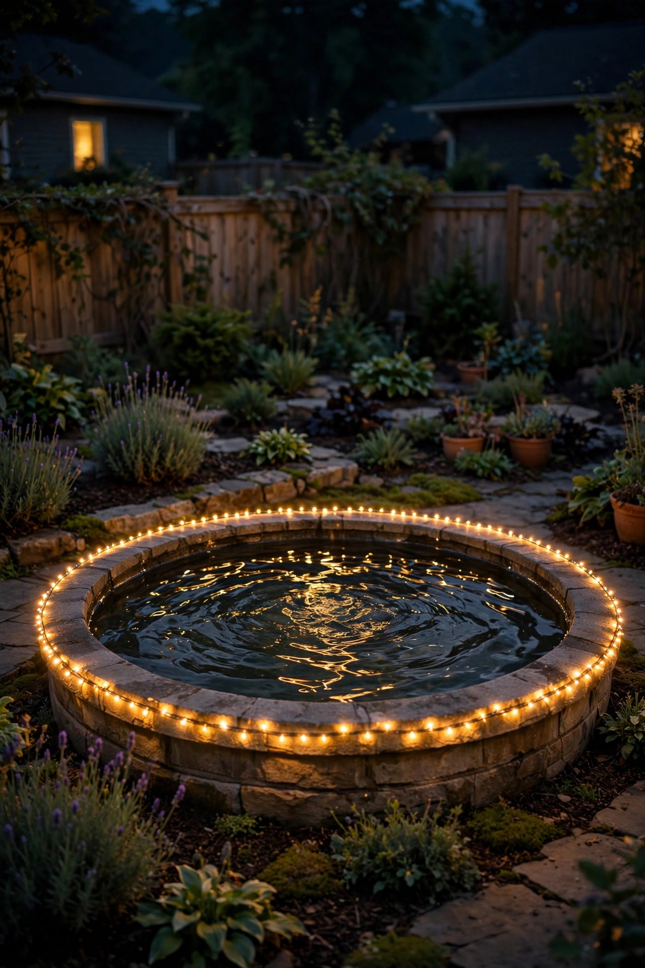 Garden fountain rimmed with fairy lights reflecting in the water at night