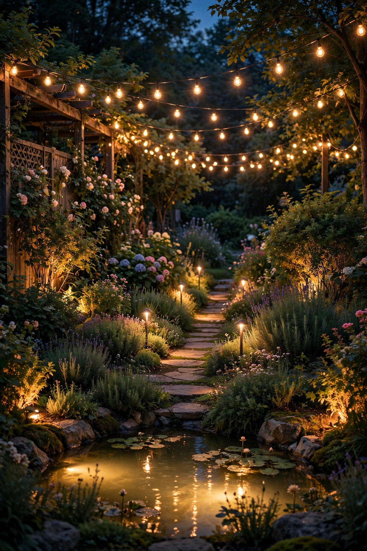 Complete midsummer garden at night with layered warm lighting including string lights, uplighted shrubs, path stakes, and a glowing pond