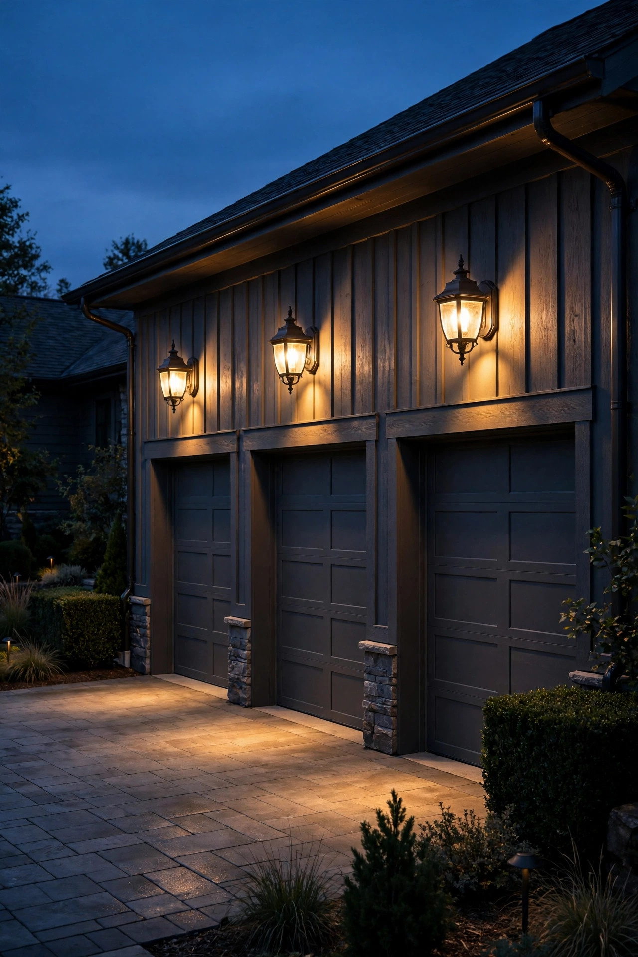 Shielded carriage style garage sconces washing a driveway in warm downward light at dusk