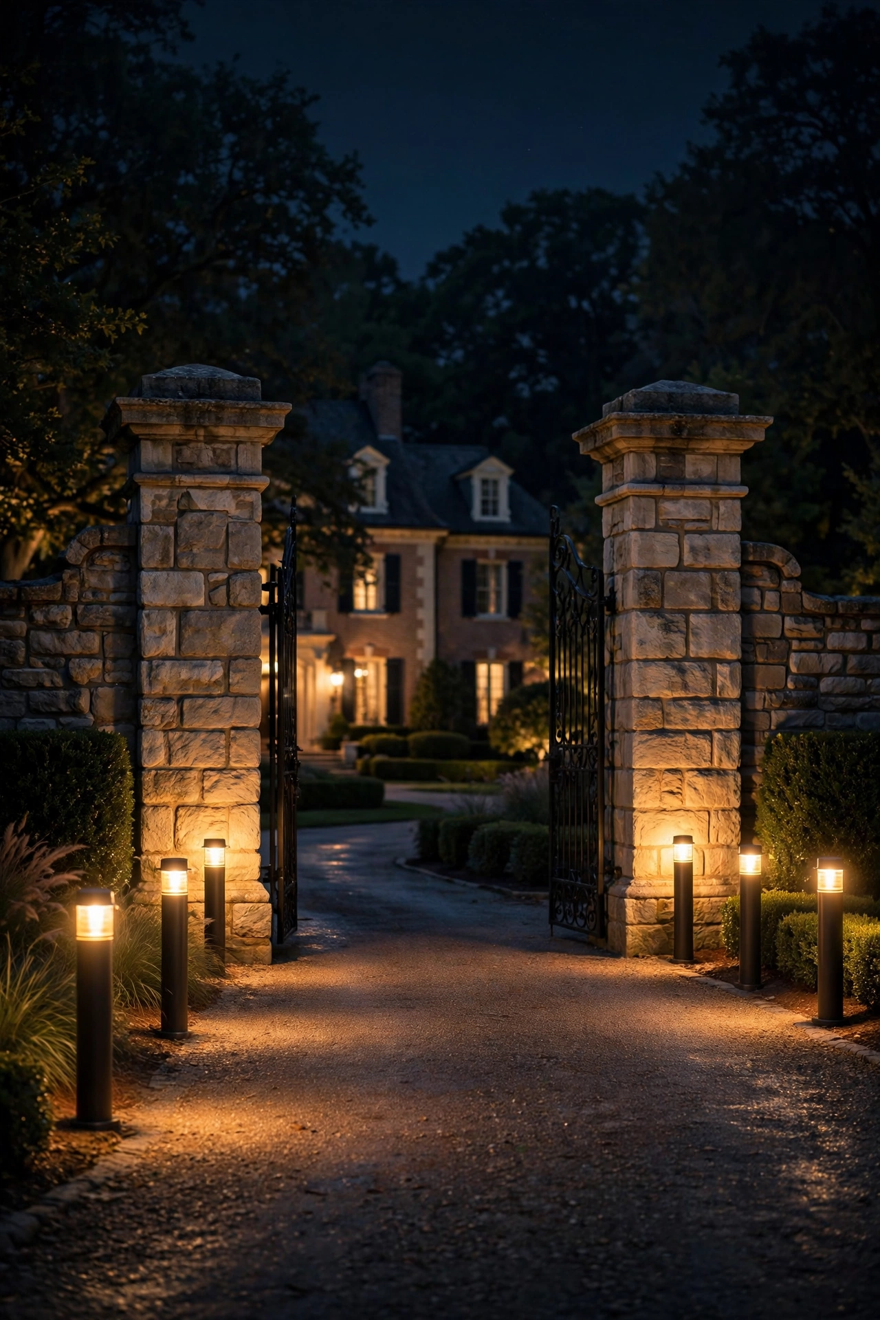 Driveway bollard lights framing stone gate pillars at a formal home entrance at night
