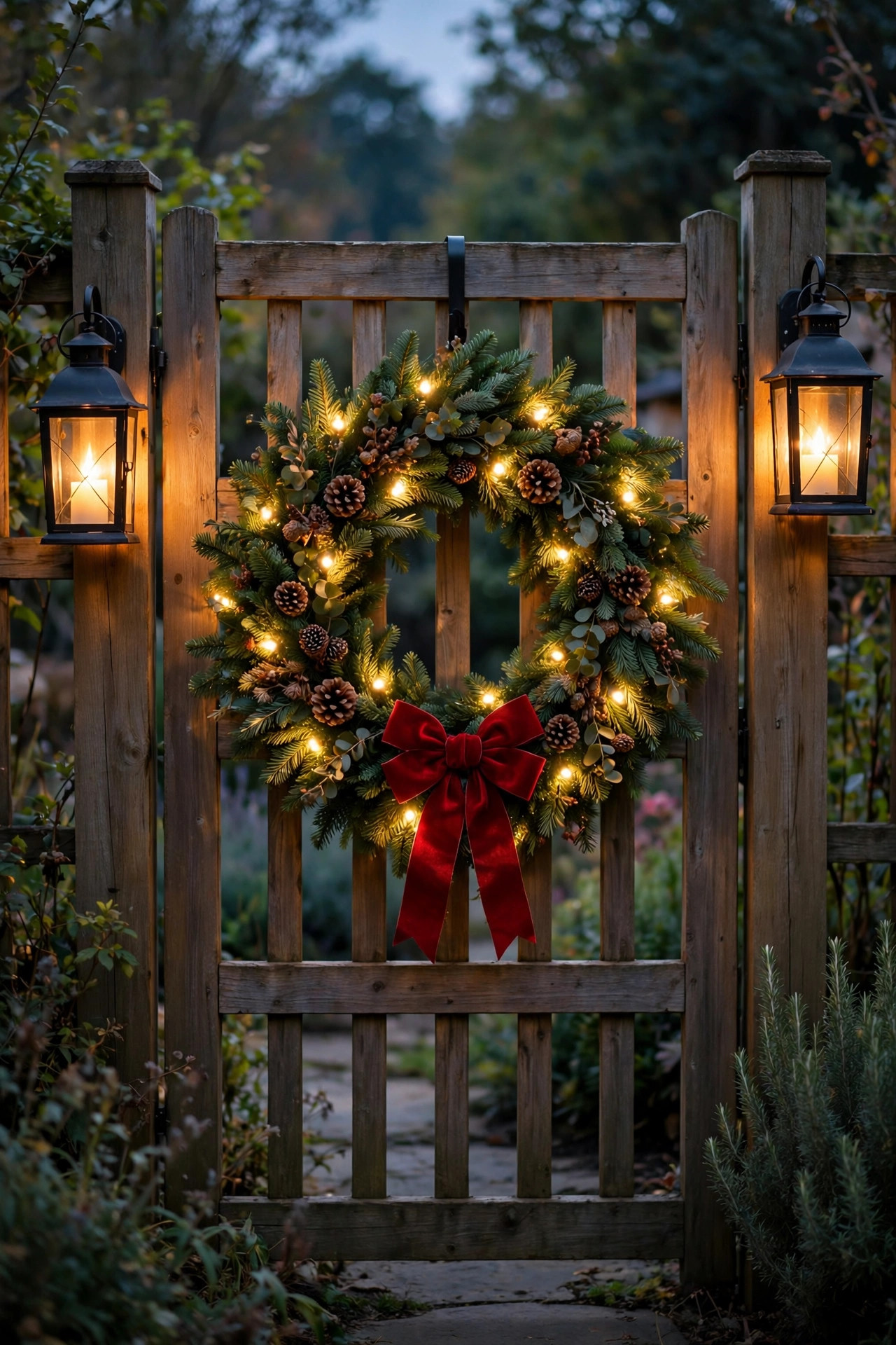 A prelit Christmas wreath with a red bow hanging on a garden gate flanked by two lanterns