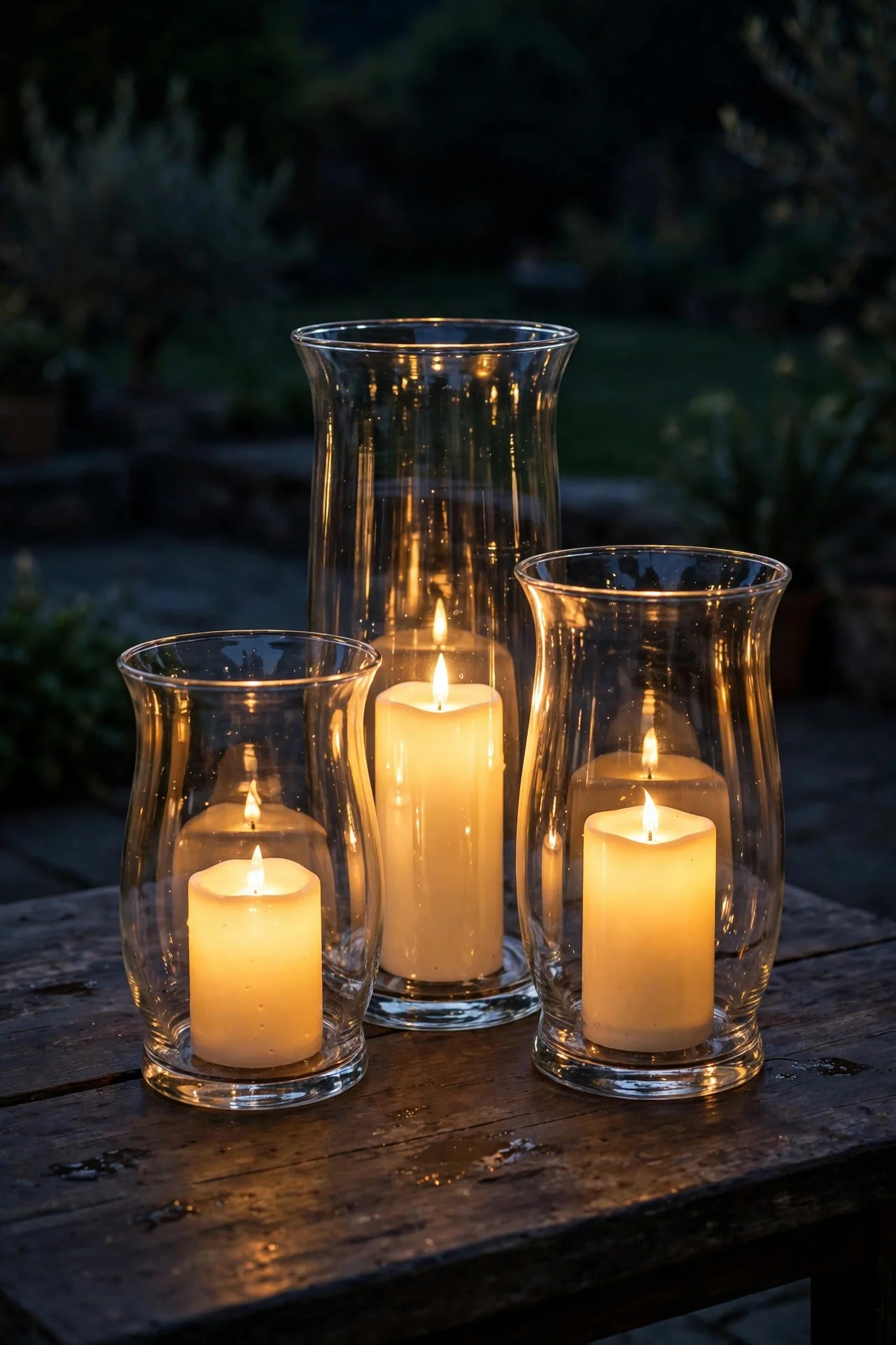 Three glass hurricanes with glowing LED pillar candles on an outdoor patio table at night