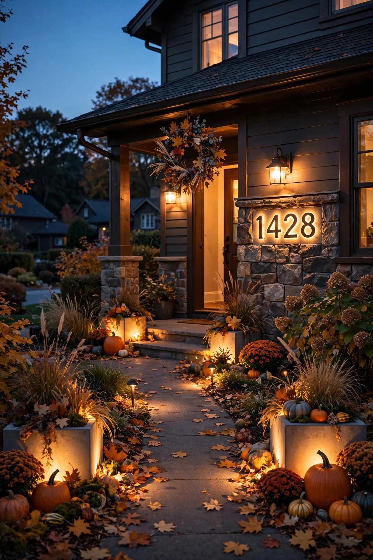 Backlit house numbers and glowing planters marking the end of a lit fall pathway
