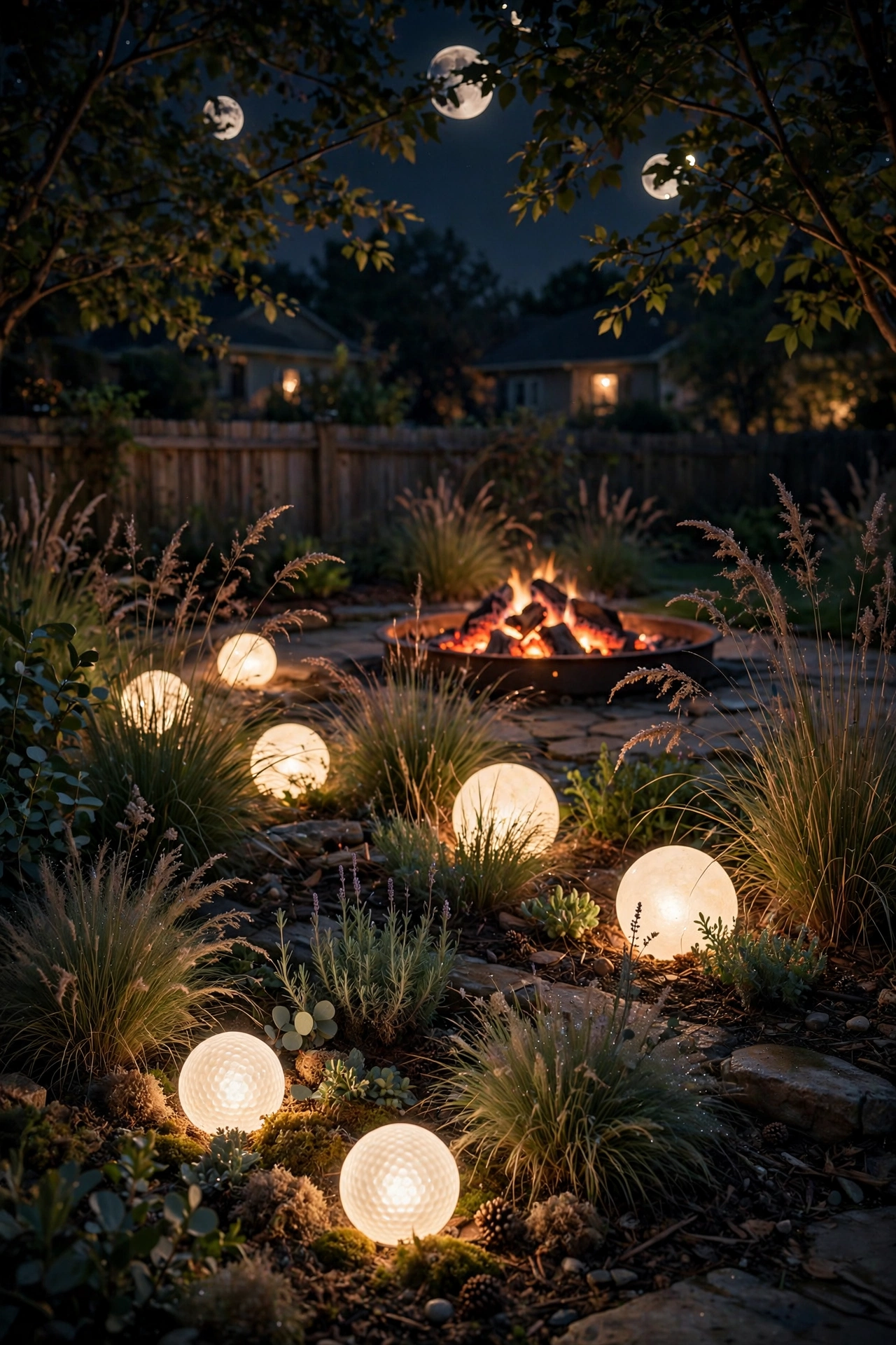 Glowing LED garden orbs nestled in planting beds around a fire pit at night