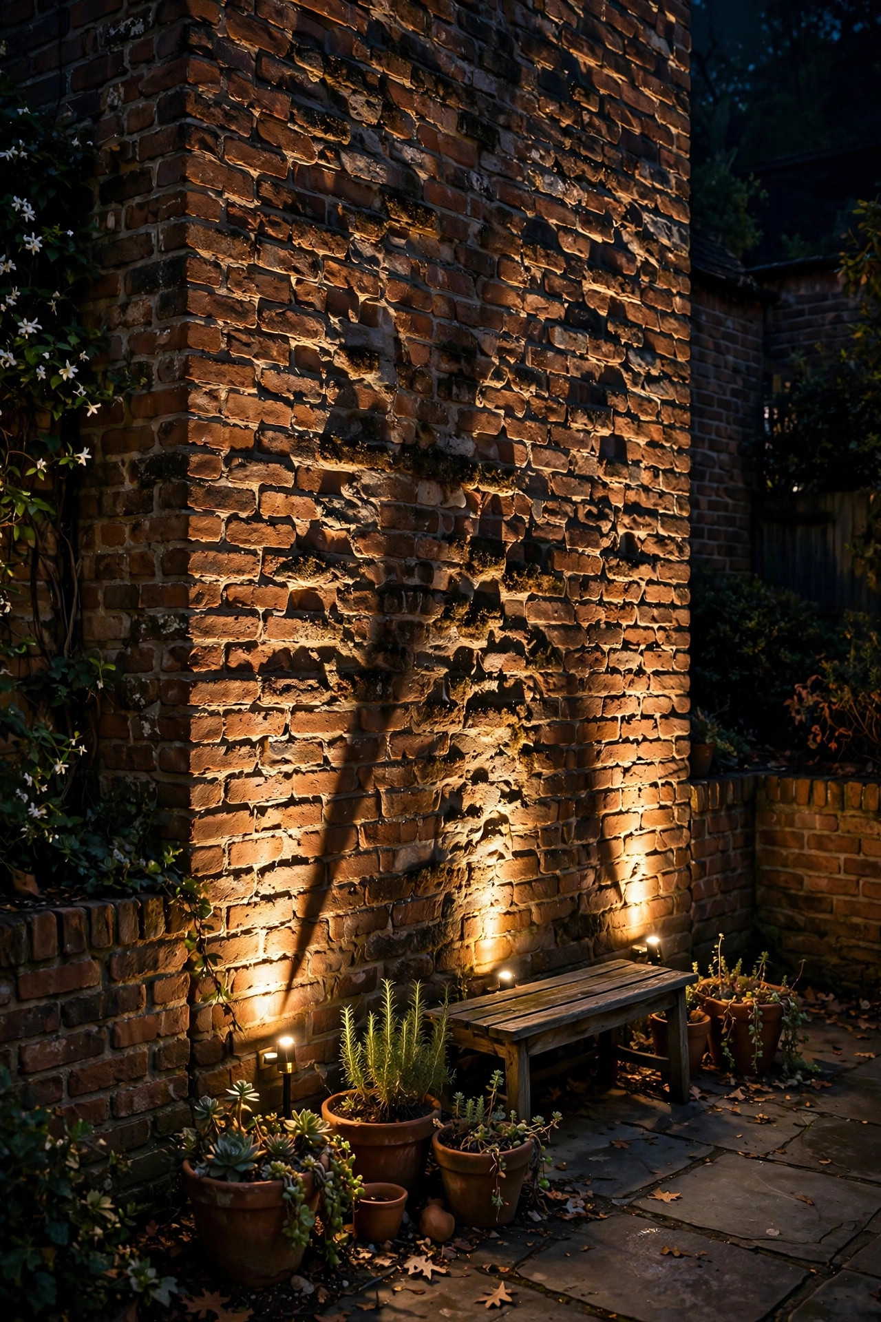 Grazing light revealing texture on a courtyard brick wall at night
