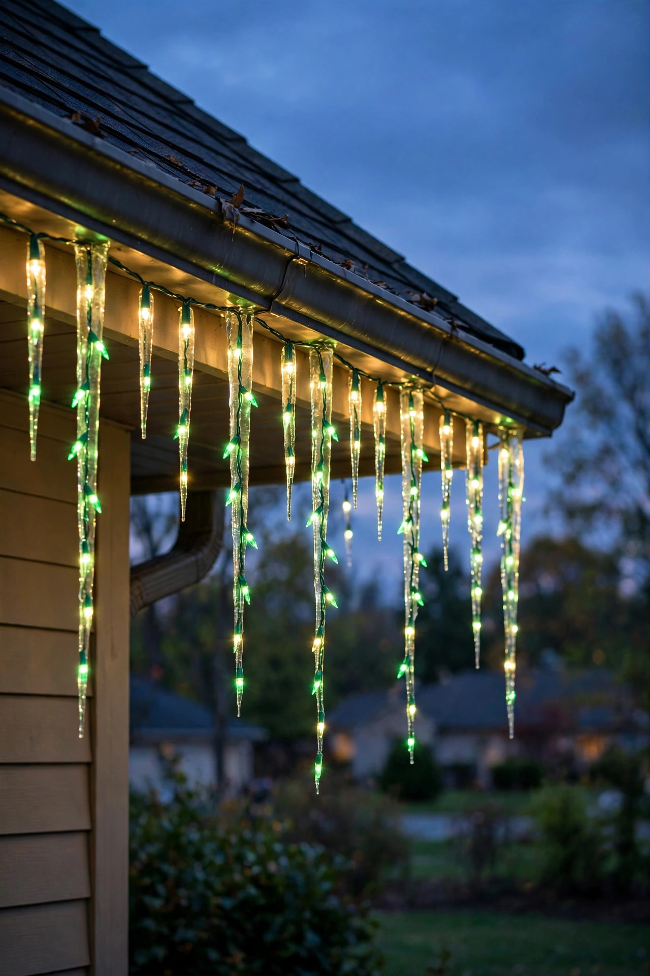 Green icicle lights hanging along a roofline and gutters at twilight