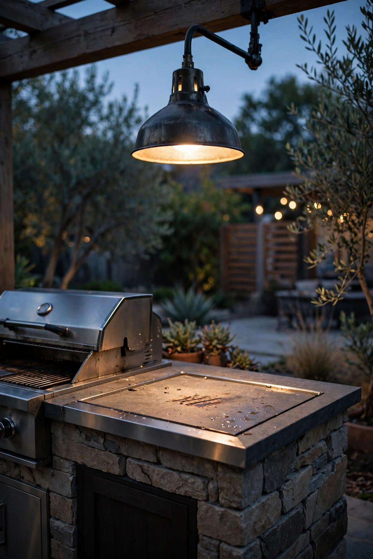 Hooded metal task light shining on the hand-off counter at the grill end of an outdoor kitchen island