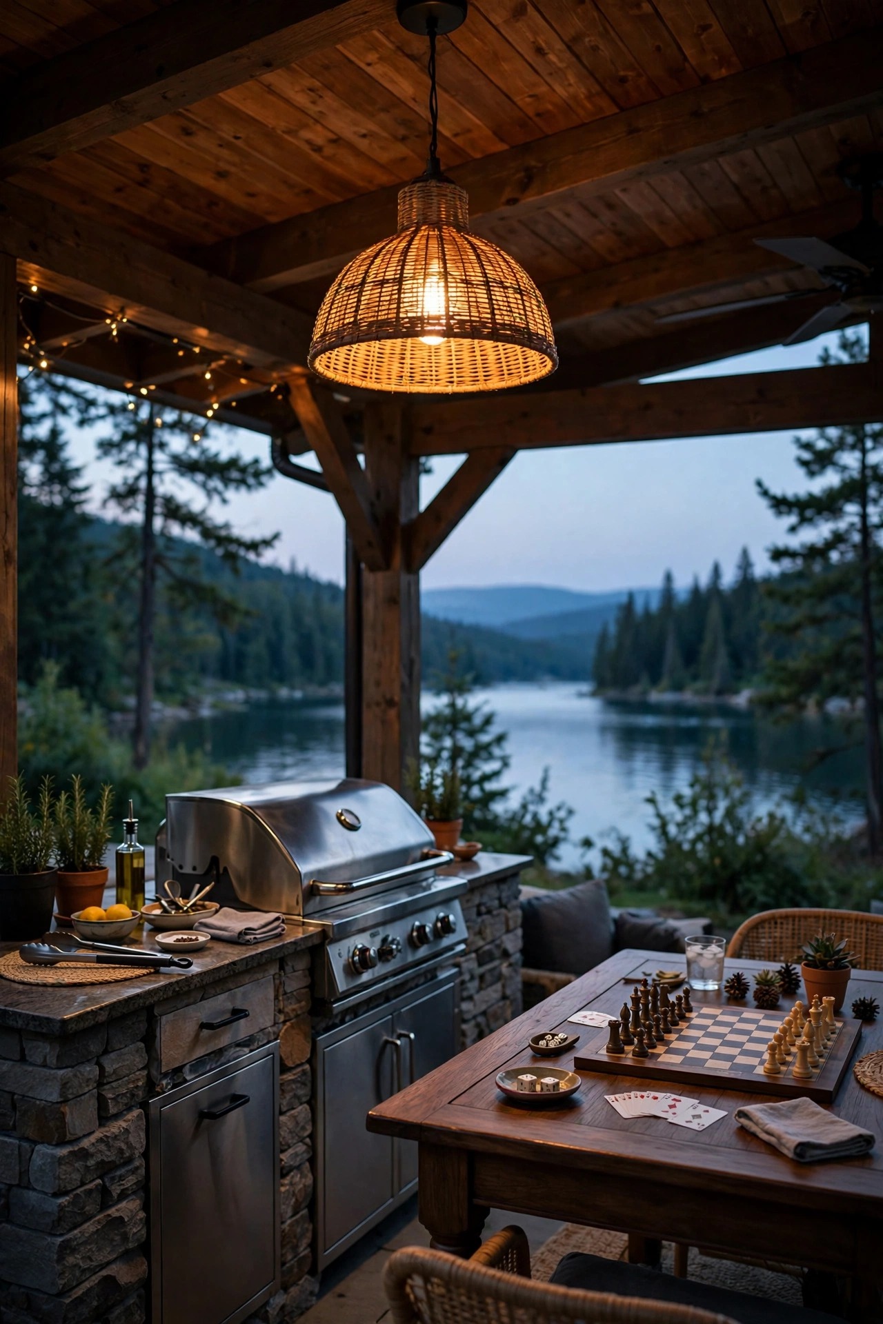 Outdoor pendant light glowing over a grill station and game table on a covered lake house patio