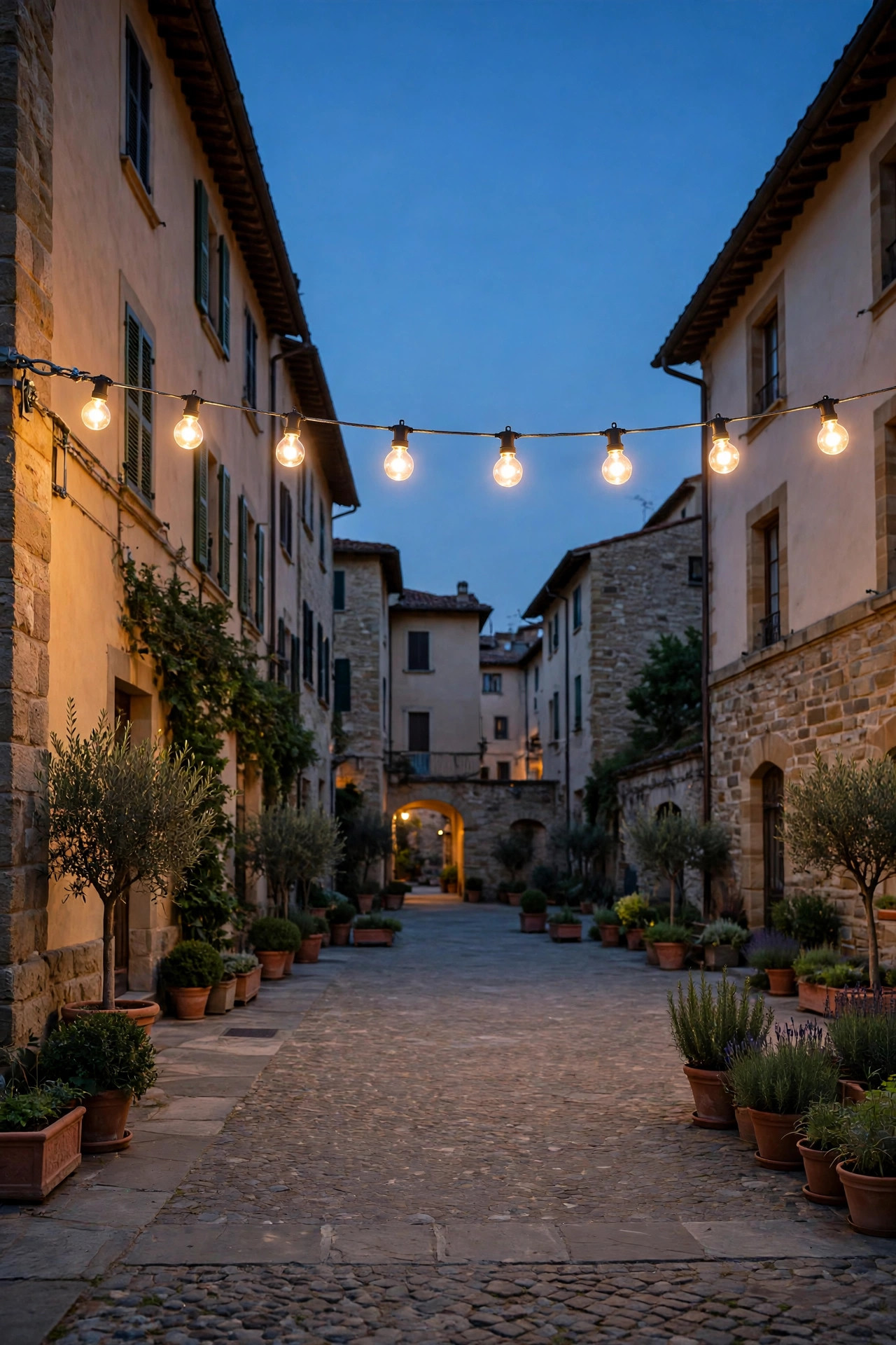String lights clipped along a taut steel guide wire spanning a wide courtyard with even level bulbs