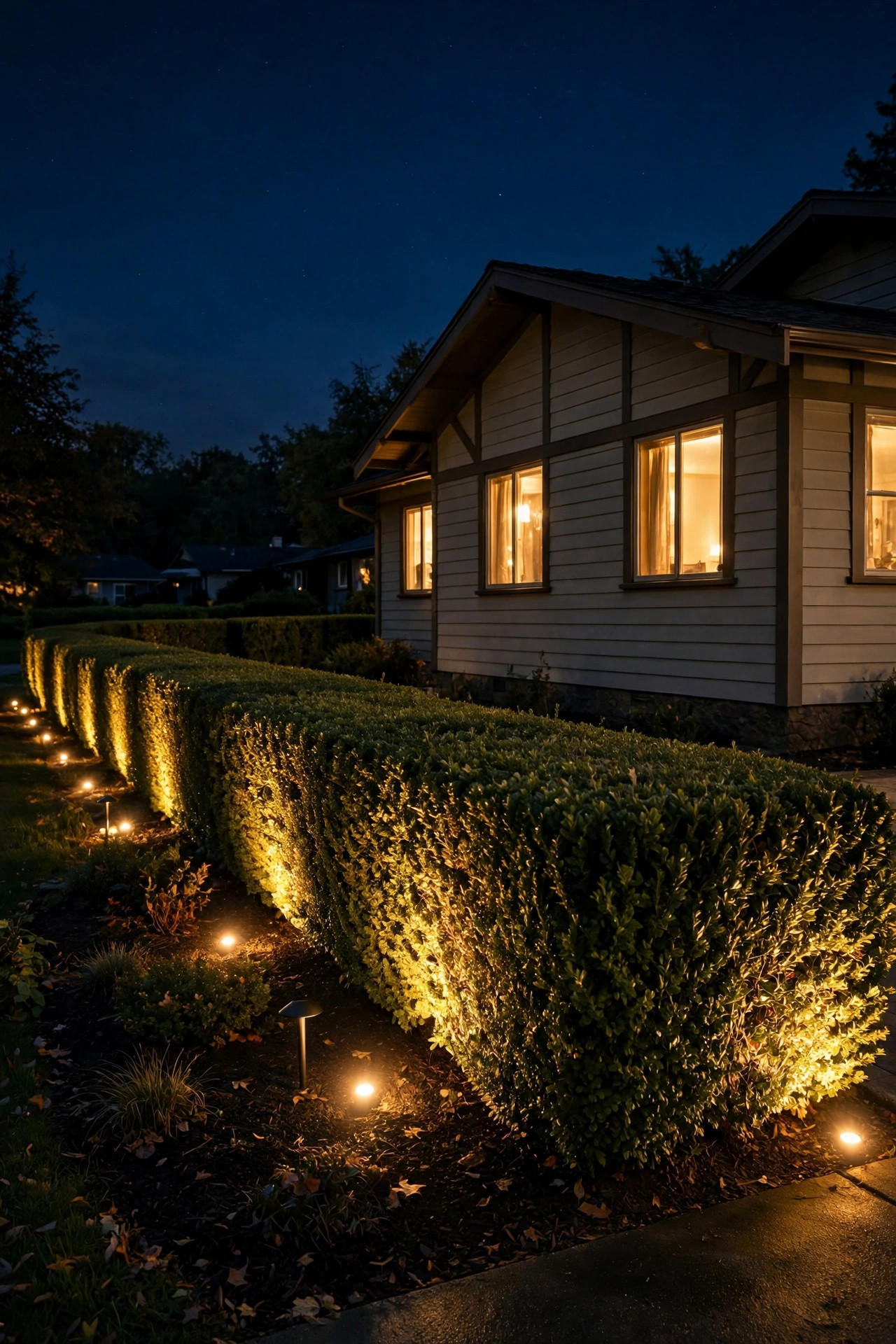 Low well lights washing up into a long front hedge beside a ranch home at night