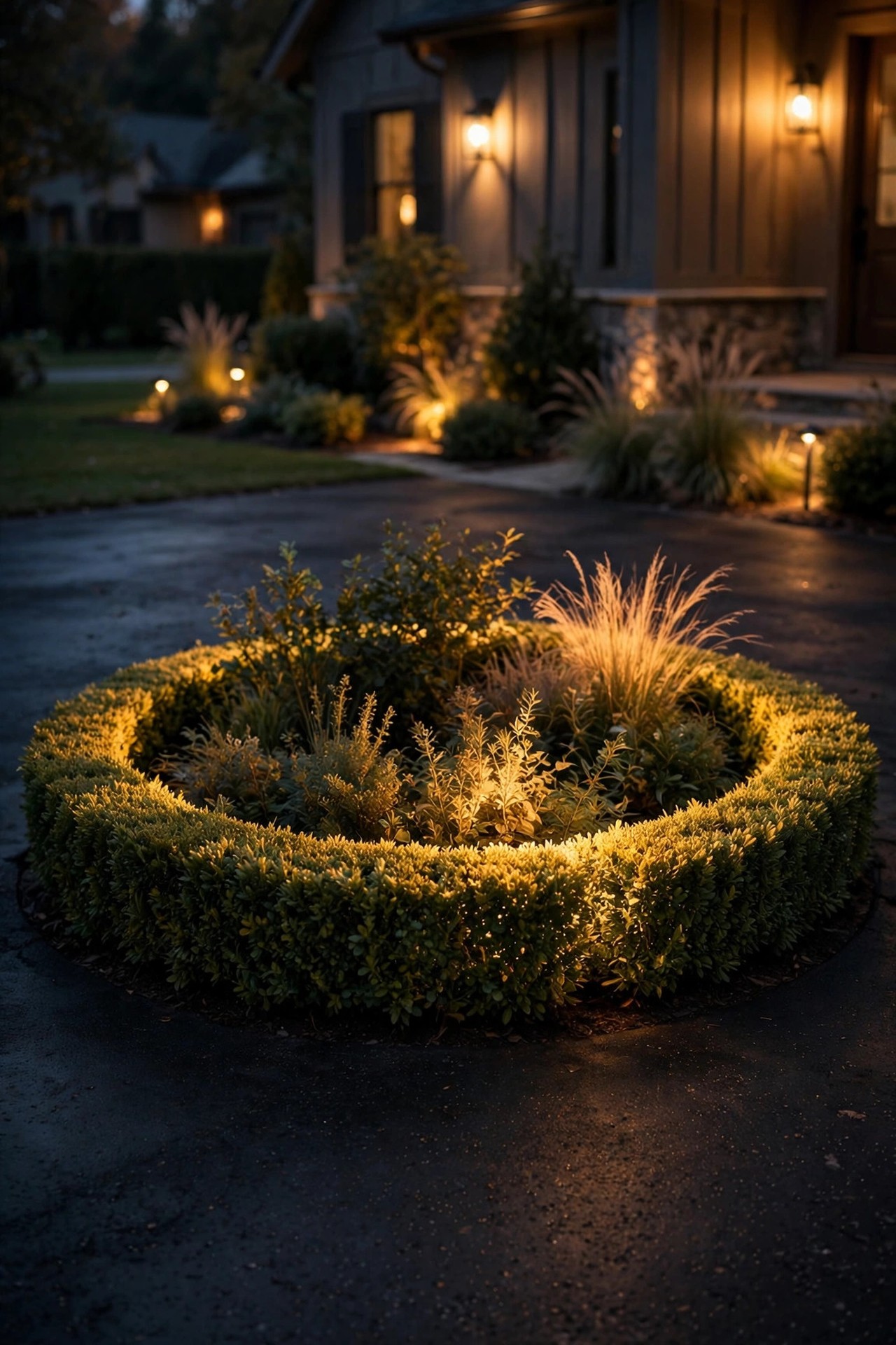 Low boxwood hedge ringing a driveway island backlit with warm light, foliage glowing against the dark pavement