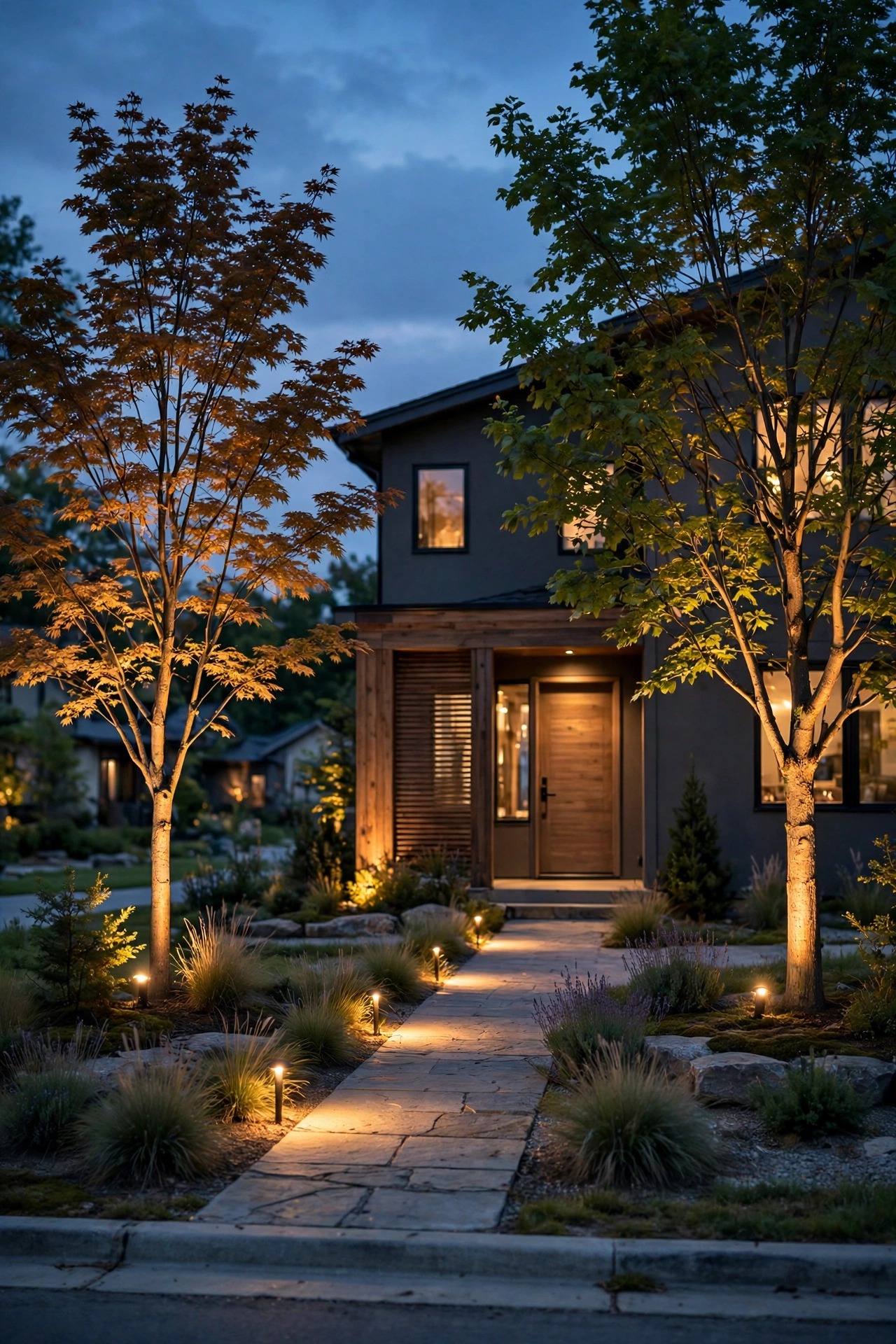 Photorealistic warm dusk view of a tastefully restrained front landscape, a few perfectly placed lights rather than many, glowing walkway and two uplit trees, calm elegant curb appeal