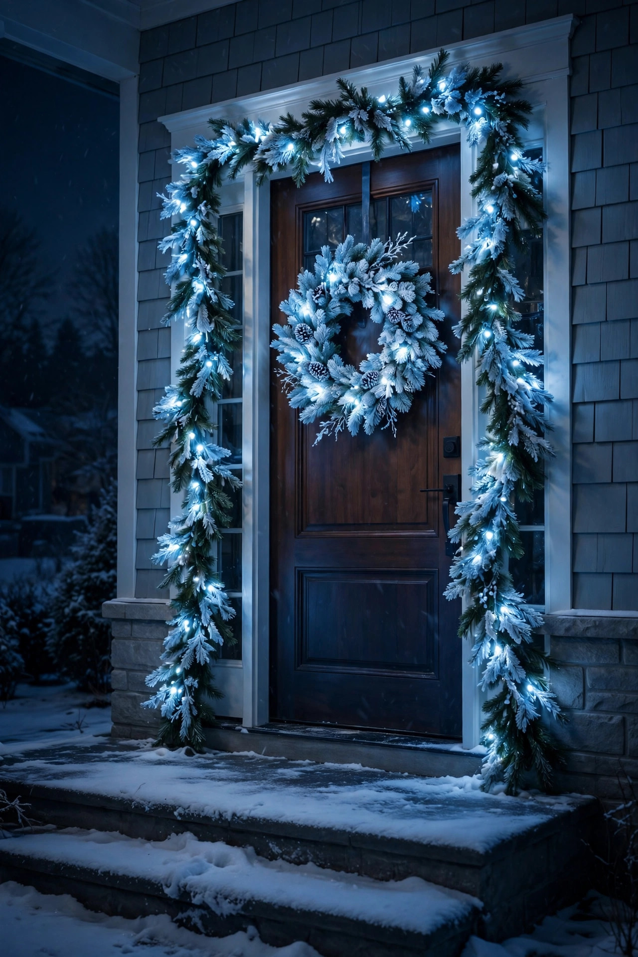 Icy blue-white pre-lit garland and wreath on a front entry glowing at night