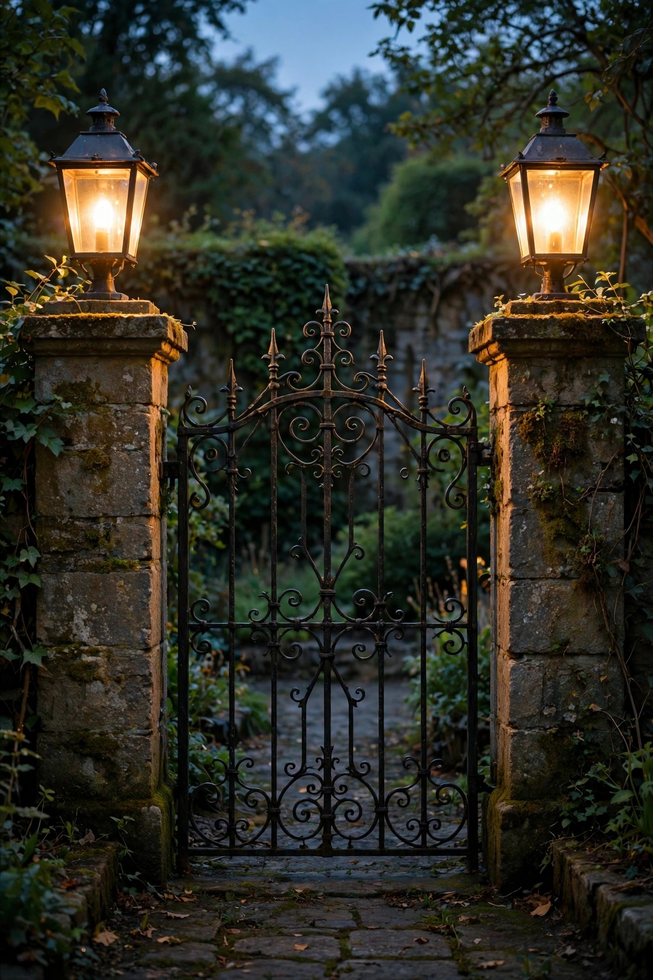 Lantern-capped posts on a wrought-iron garden gate glowing at dusk