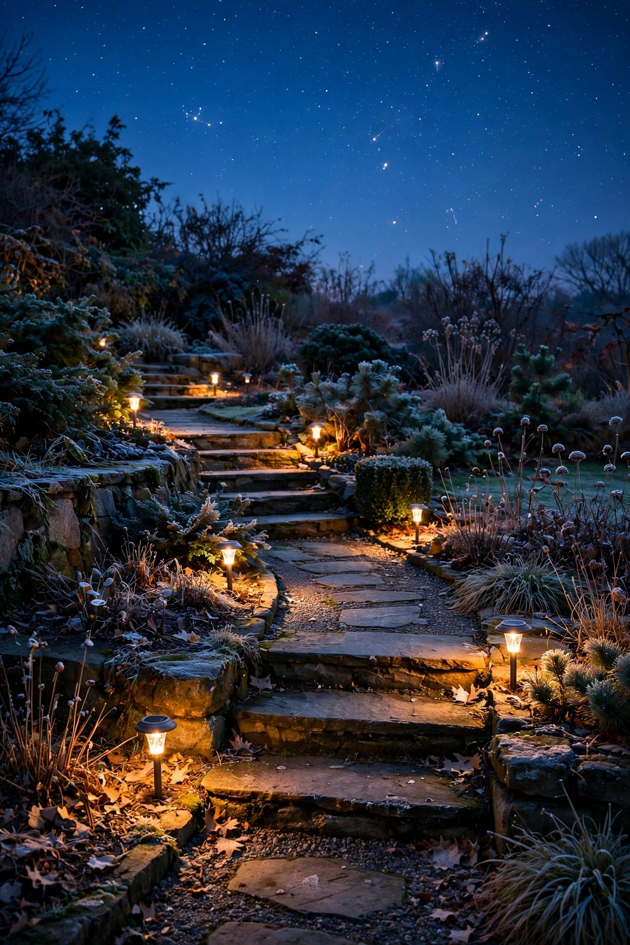 A winter garden at night with solar lights at different brightness levels along paths and steps, some glowing strongly and a few dim, under a clear starry sky