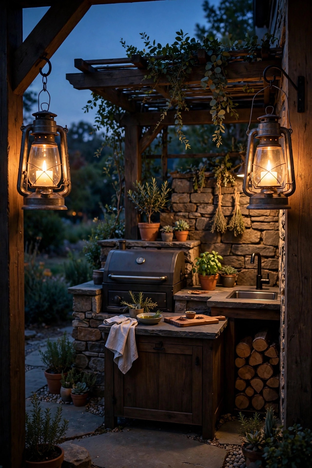 Matching pair of warm lanterns framing the entry to a compact outdoor kitchen
