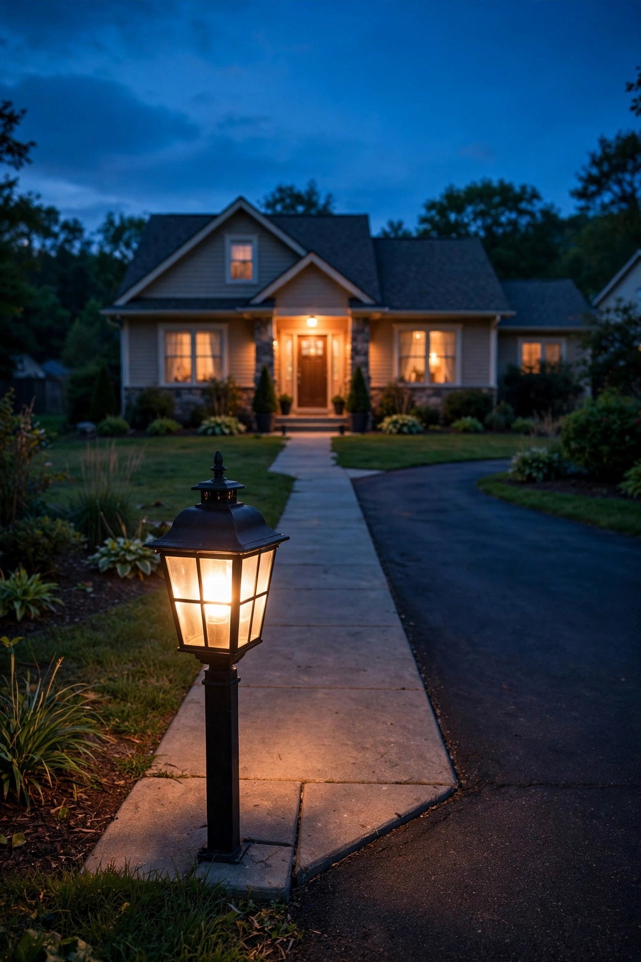 Lantern-style post light glowing at the start of a front walkway at dusk
