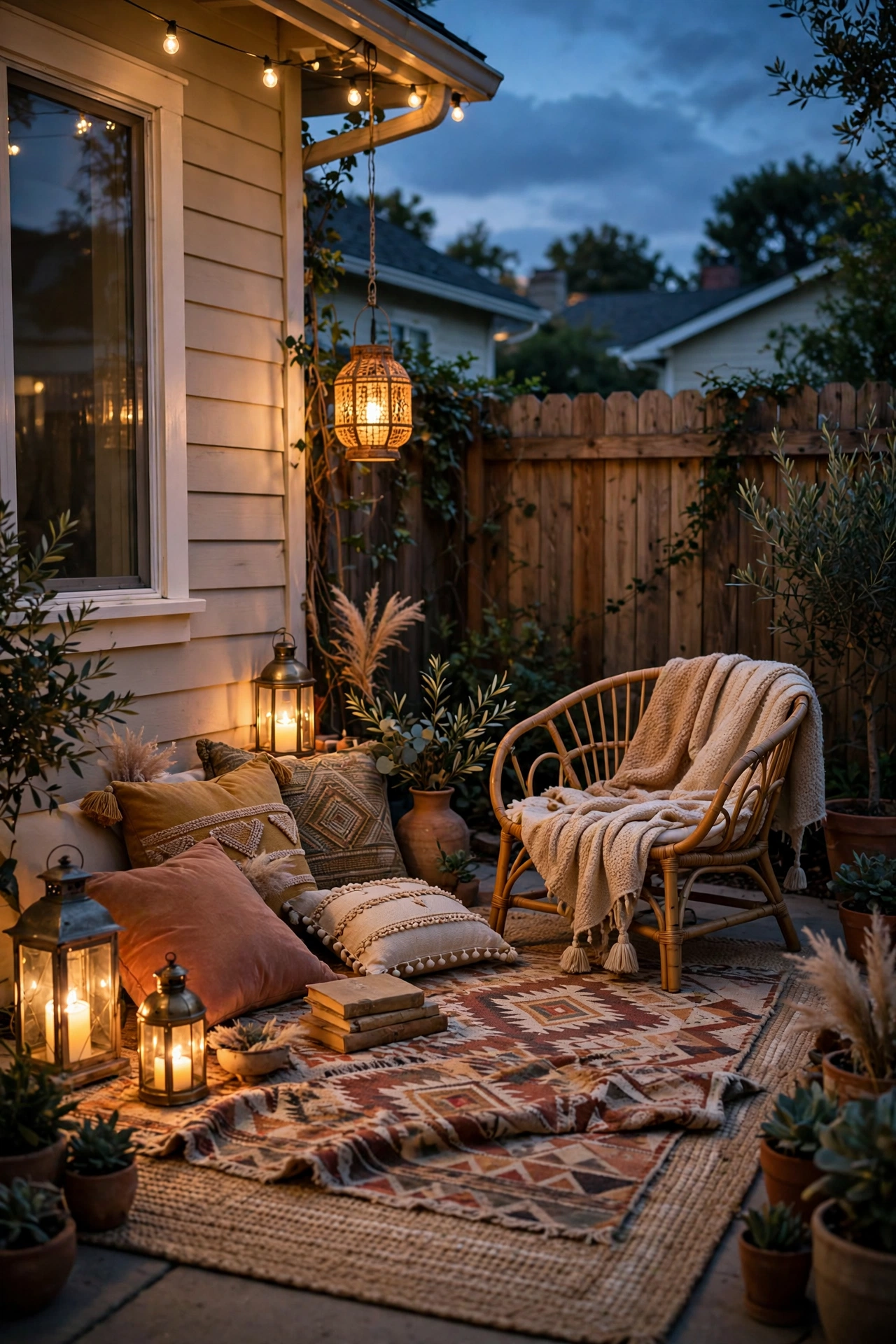 Cozy boho reading nook on an outdoor rug with lanterns and floor cushions