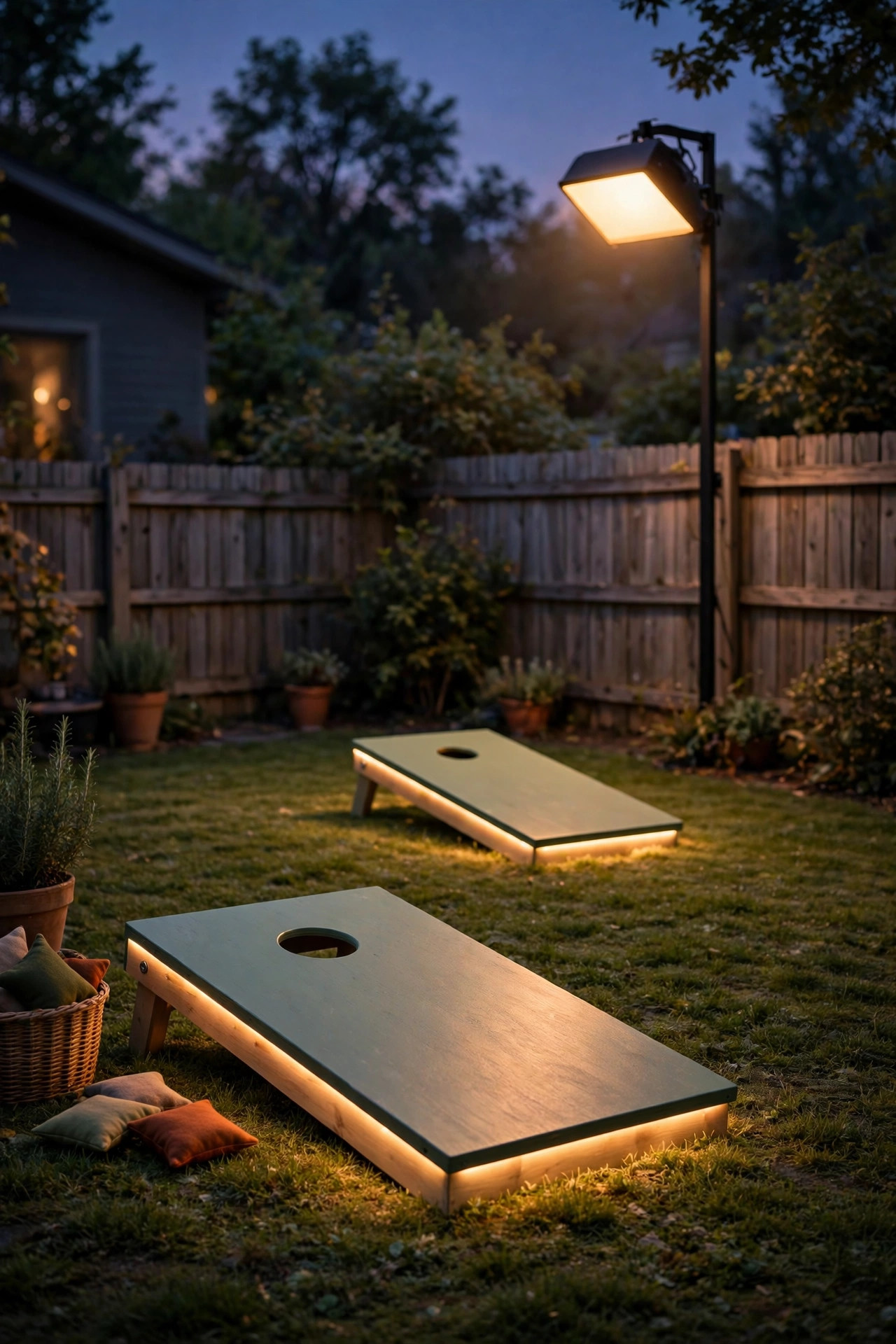 Backyard lawn games area at dusk lit by a soft wide floodlight, cornhole boards glowing gently on the grass