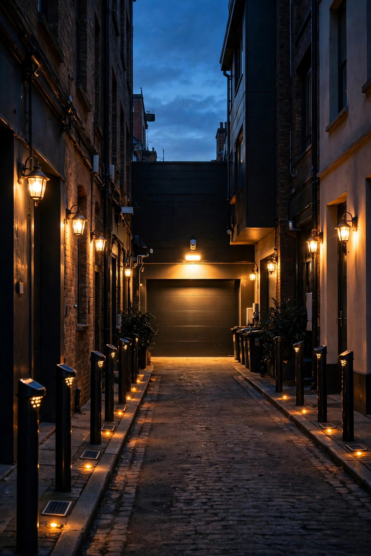 Fully layered urban alley lighting at dusk with bollards, sconces, solar markers and warm motion light over a garage