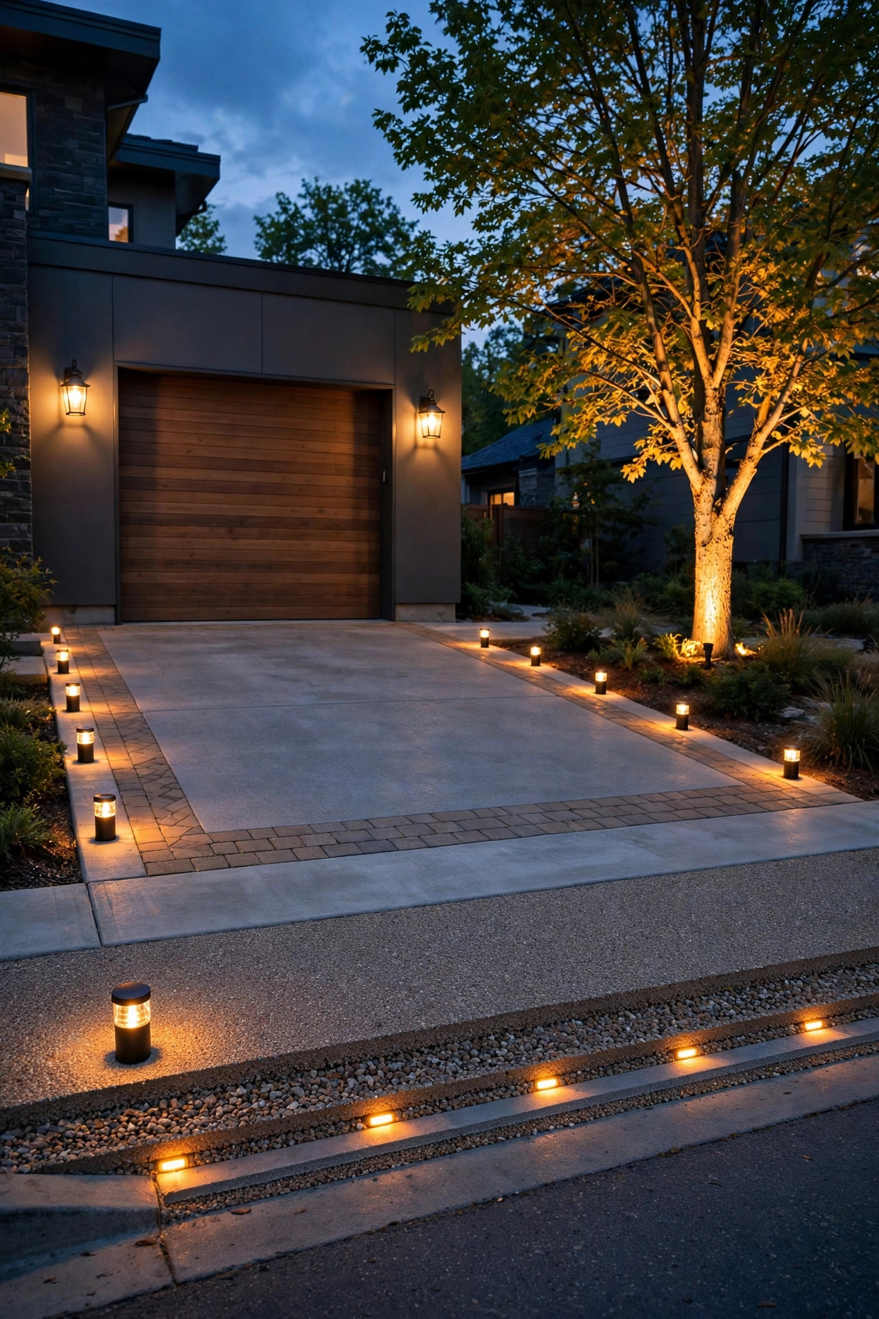 Fully layered driveway apron at dusk with edge markers, warm garage sconces, and an uplighted tree creating a welcoming glow