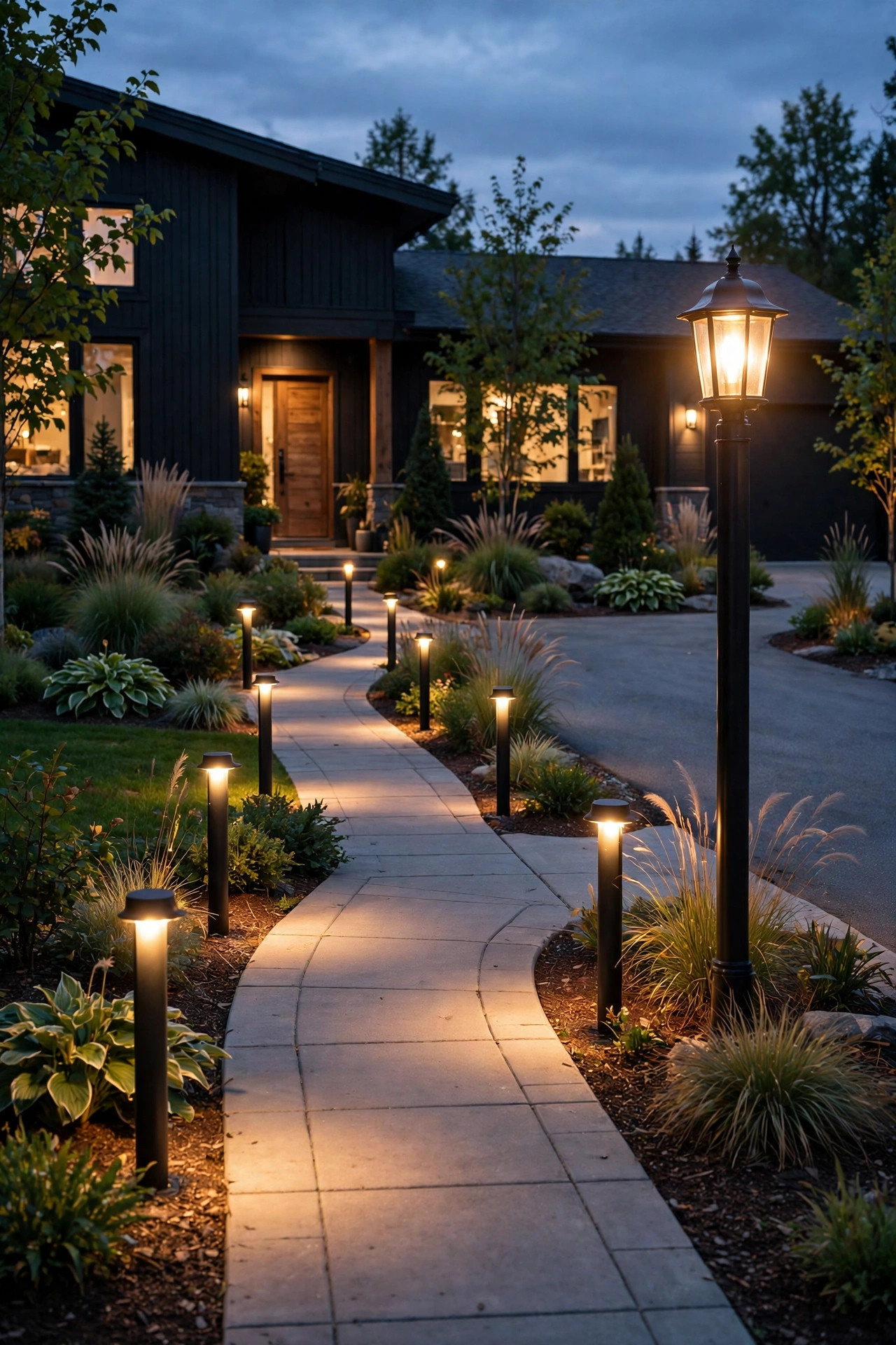 A front yard at dusk layering low bollard lights along the walkway with one tall post light anchoring the driveway entrance