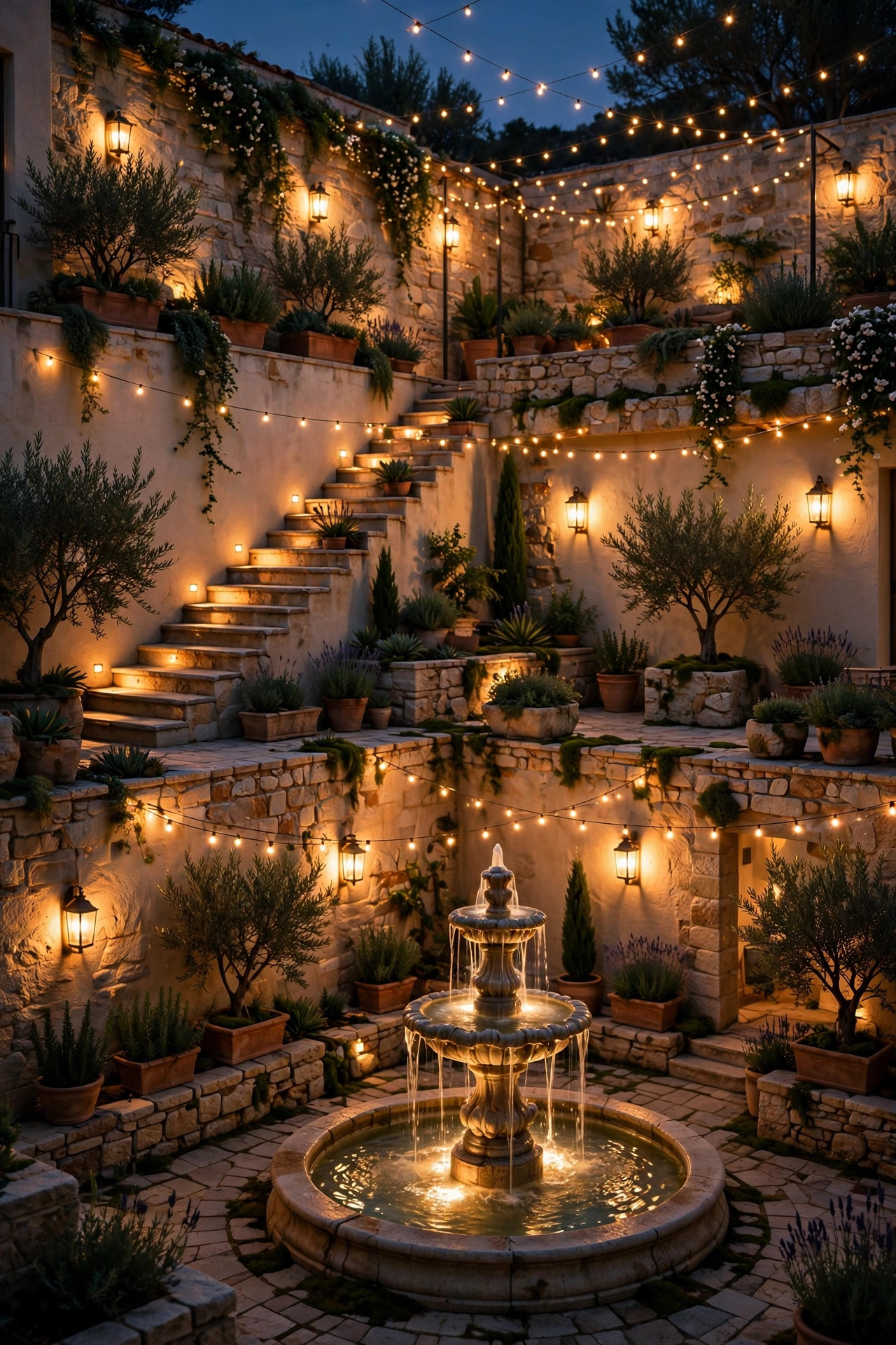Fully layered courtyard at night with lit fountain, glowing wall sconces, string lights, and step lights