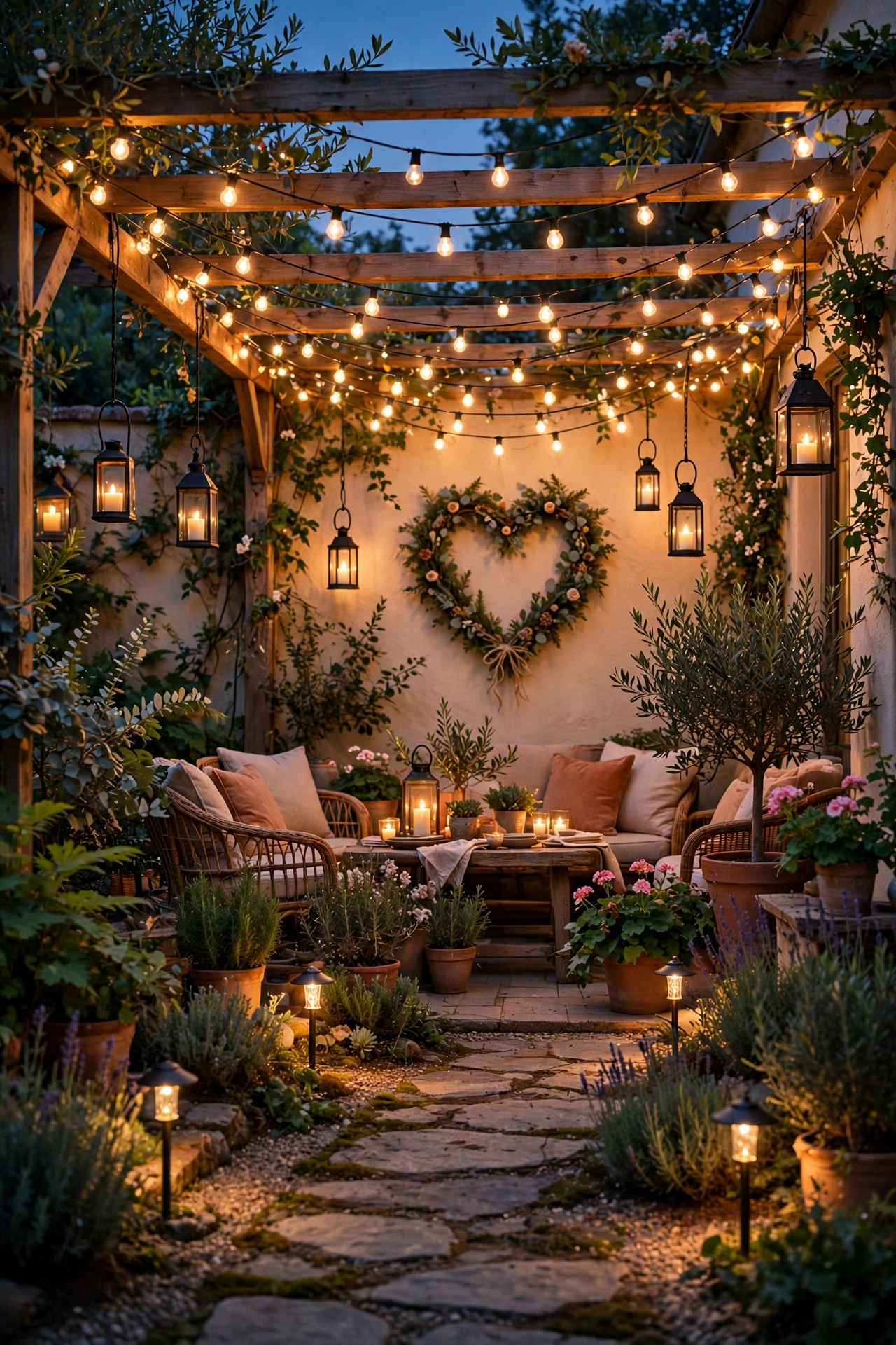 Fully layered romantic patio with string light canopy, candle lanterns, heart wreath, and path lights at dusk