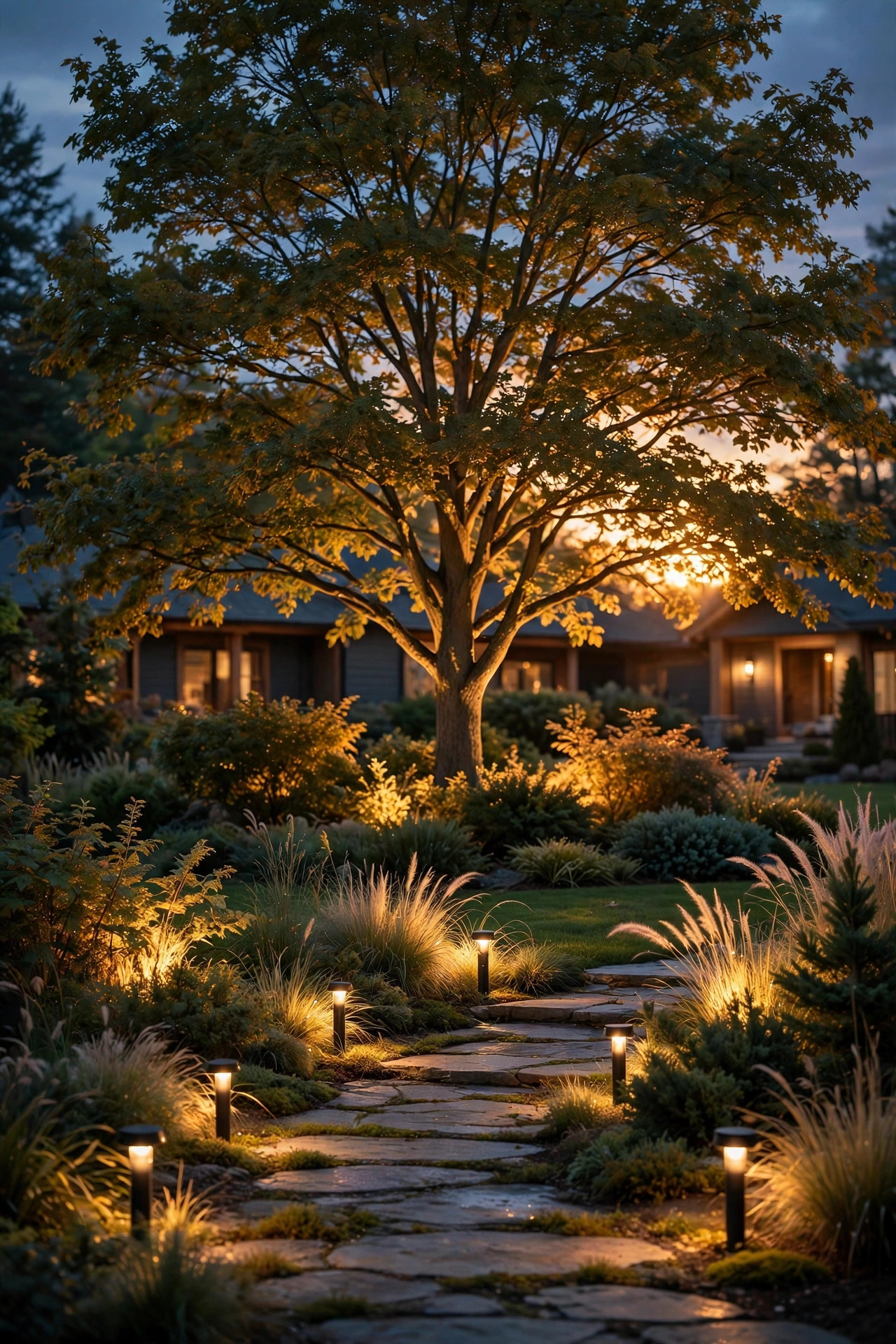 Fully layered front yard at dusk with a cross-lit hero tree, backlit shrubs, and soft path lights in the foreground
