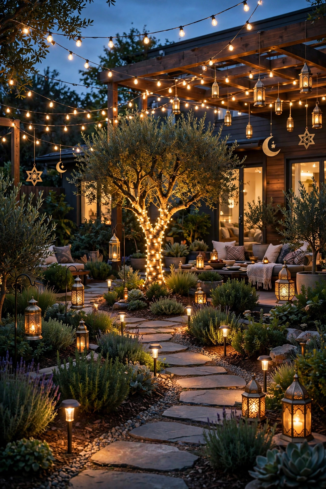 Fully layered backyard at dusk with lanterns, string light canopy, wrapped tree, uplighting and path lights ready for an Eid celebration