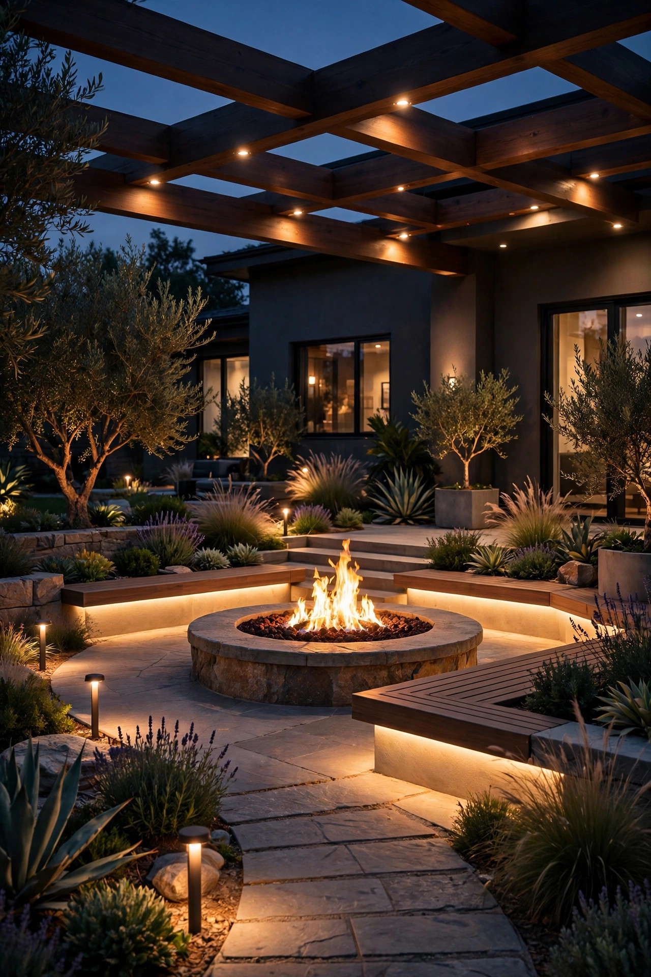 Fully layered gas fire pit lighting with path lights, downlights, and glowing benches at night