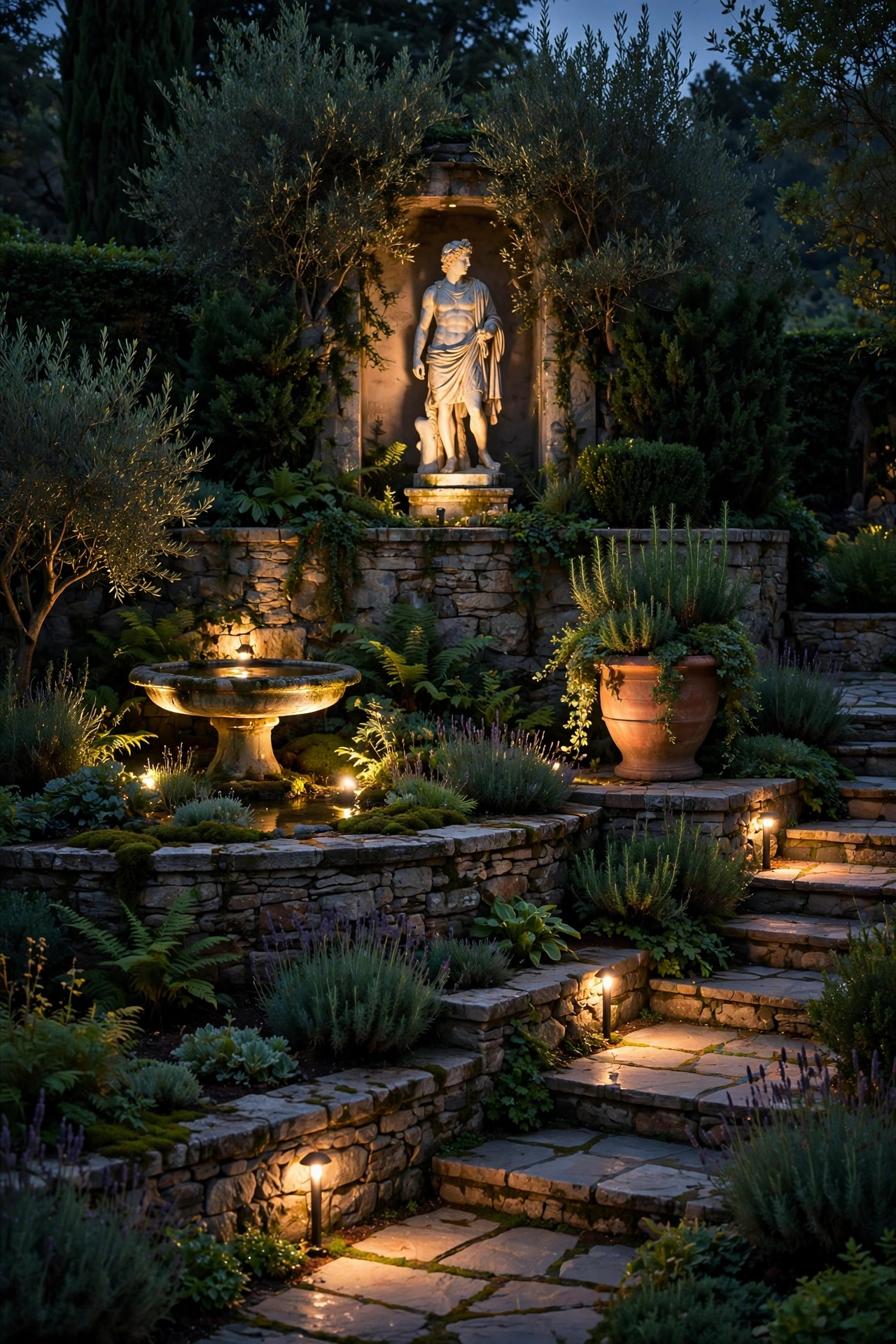 Layered night garden with one hero statue spotlight, softer accent lights on a birdbath and urn, and gentle path lights