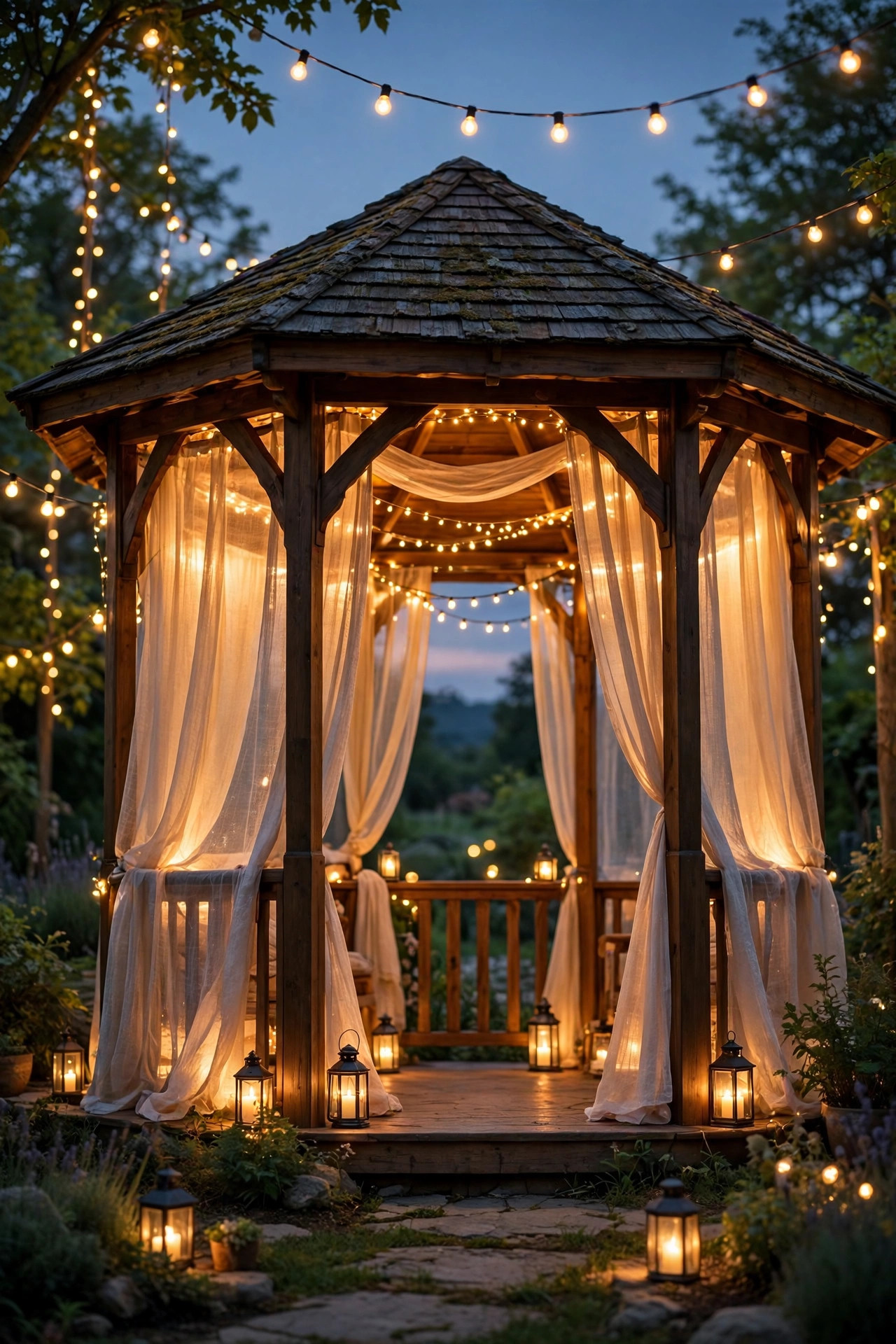 Layered gazebo lighting with glowing curtains, low lanterns, and exterior string lights at dusk