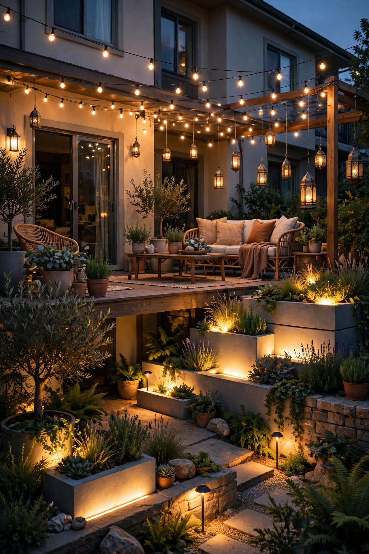 Fully layered ground-floor apartment patio at dusk with string lights, lanterns, path lights and glowing planters