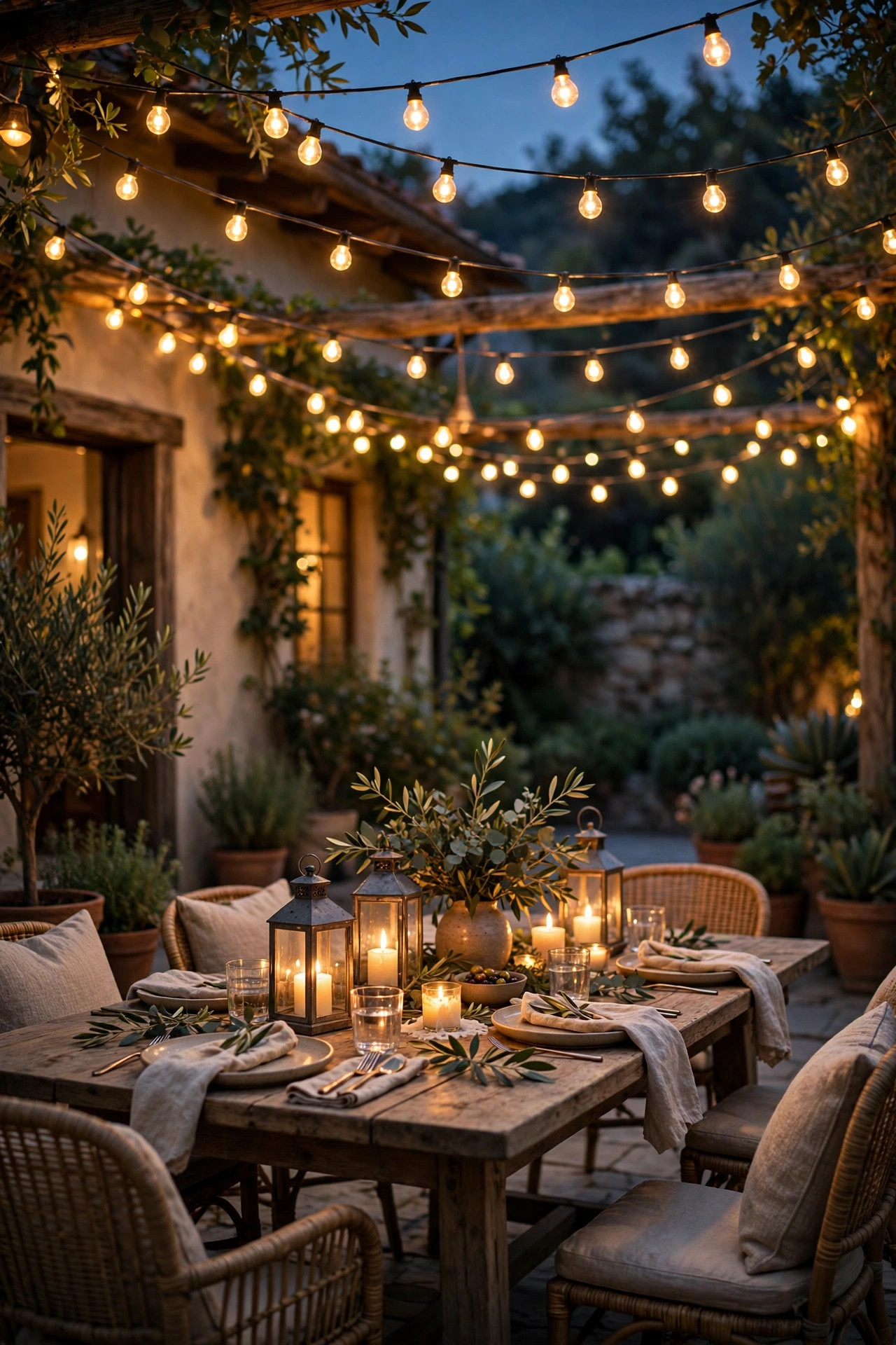 Layered outdoor lighting with string lights overhead, lanterns and candles on the dining table