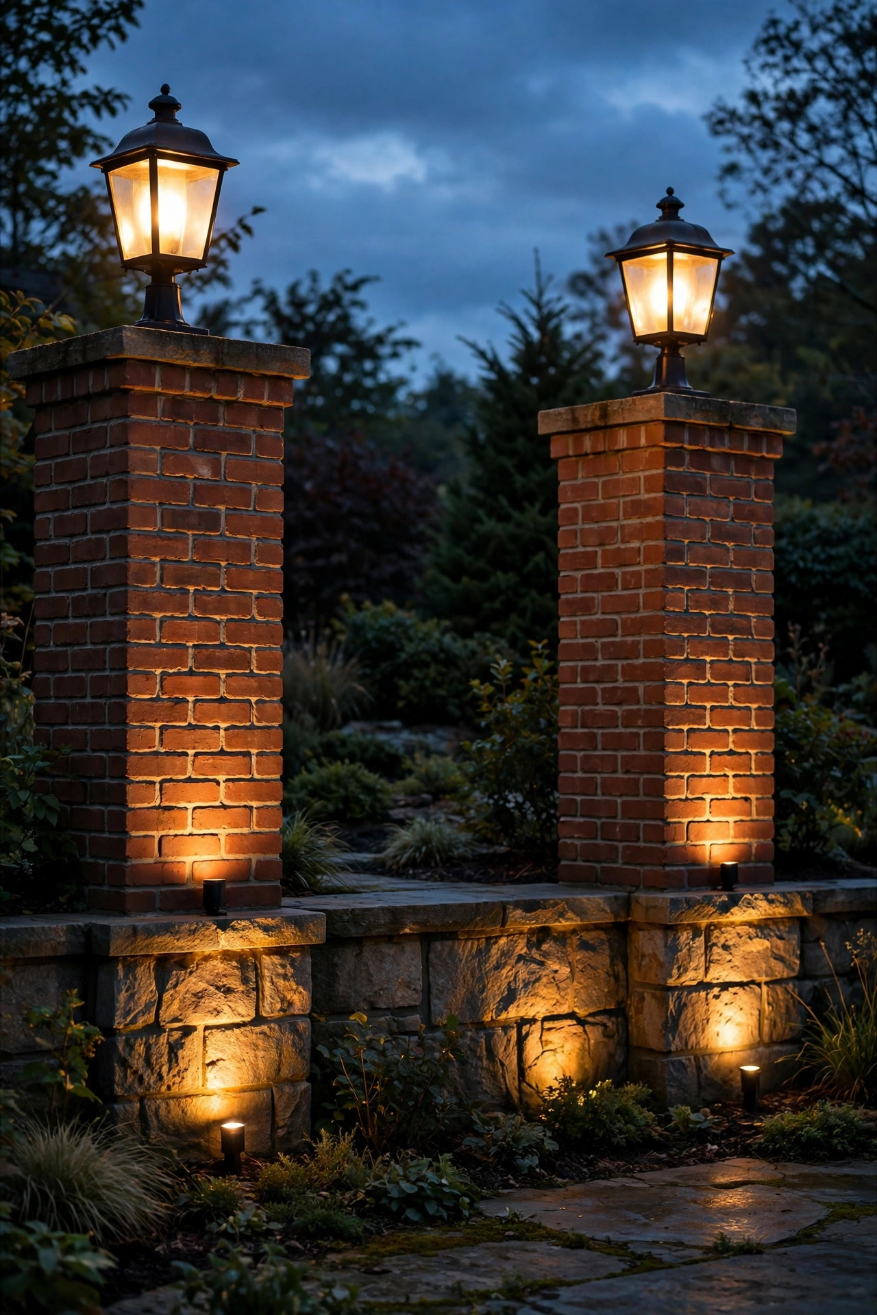 Brick columns with pier lights and uplighting grazing the stonework at dusk