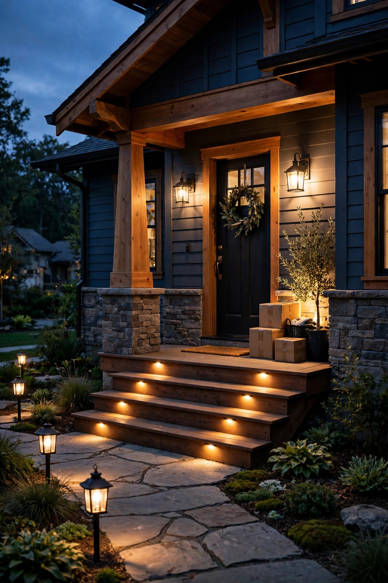 Fully layered porch lighting at dusk with lantern path lights step lights and a bright drop zone