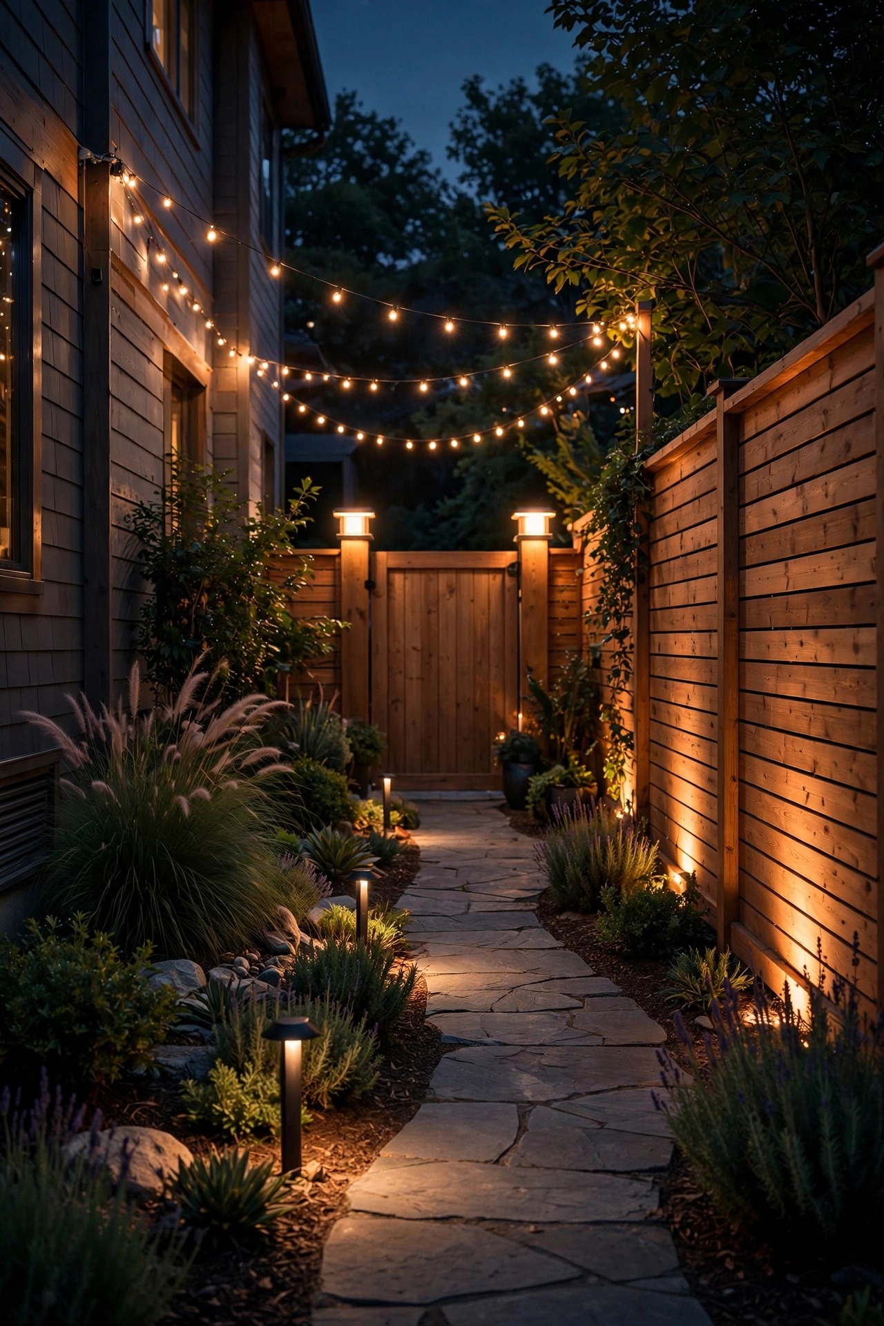 Fully layered side yard at night with glowing gate post caps, path lights, fence wash, and string lights leading to the gate