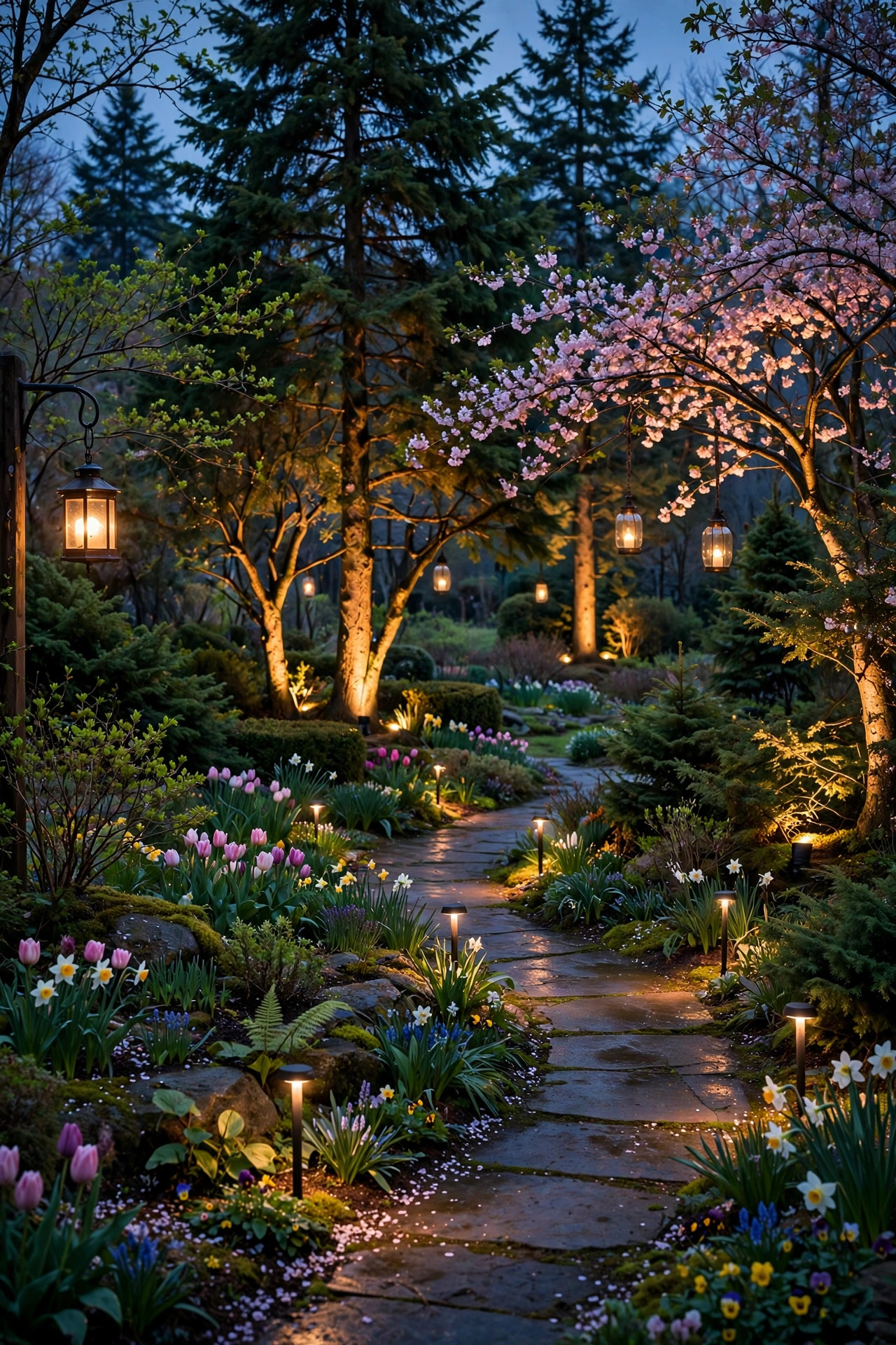 A fully layered spring garden at dusk combining path stakes, lanterns, and uplighted trees and evergreens