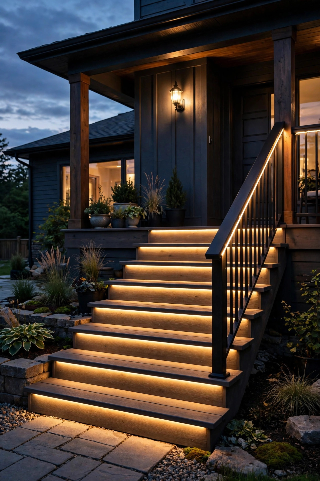 Complete porch staircase at dusk with layered LED strip step lights under every tread, handrail glow and warm sconce above