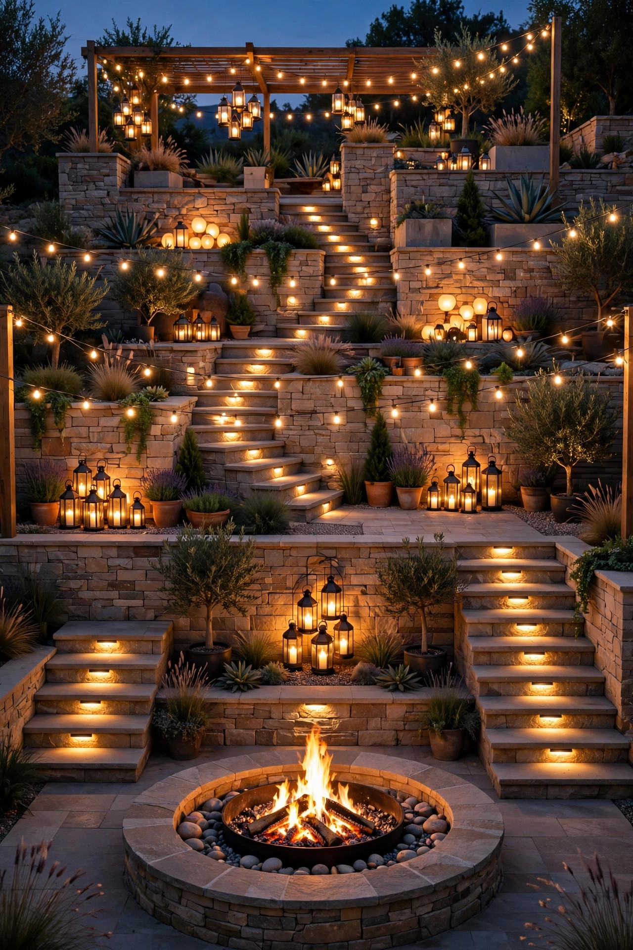 Fully layered terraced fire pit yard at night with step lights, glowing walls, string lights, and lantern clusters on every level