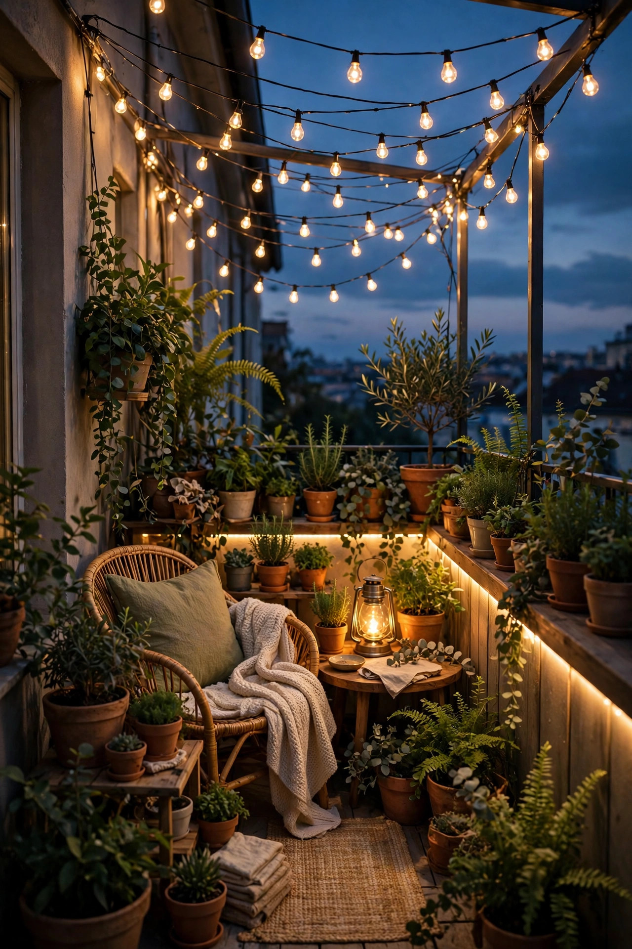Fully layered tiny balcony at dusk with overhead string canopy, table lantern glow and low railing light, cozy seating and plants