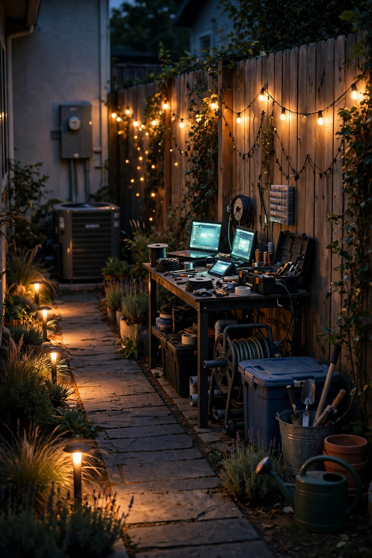 Fully layered utility side yard at night with warm path lights, glowing screens, and string lights along the fence