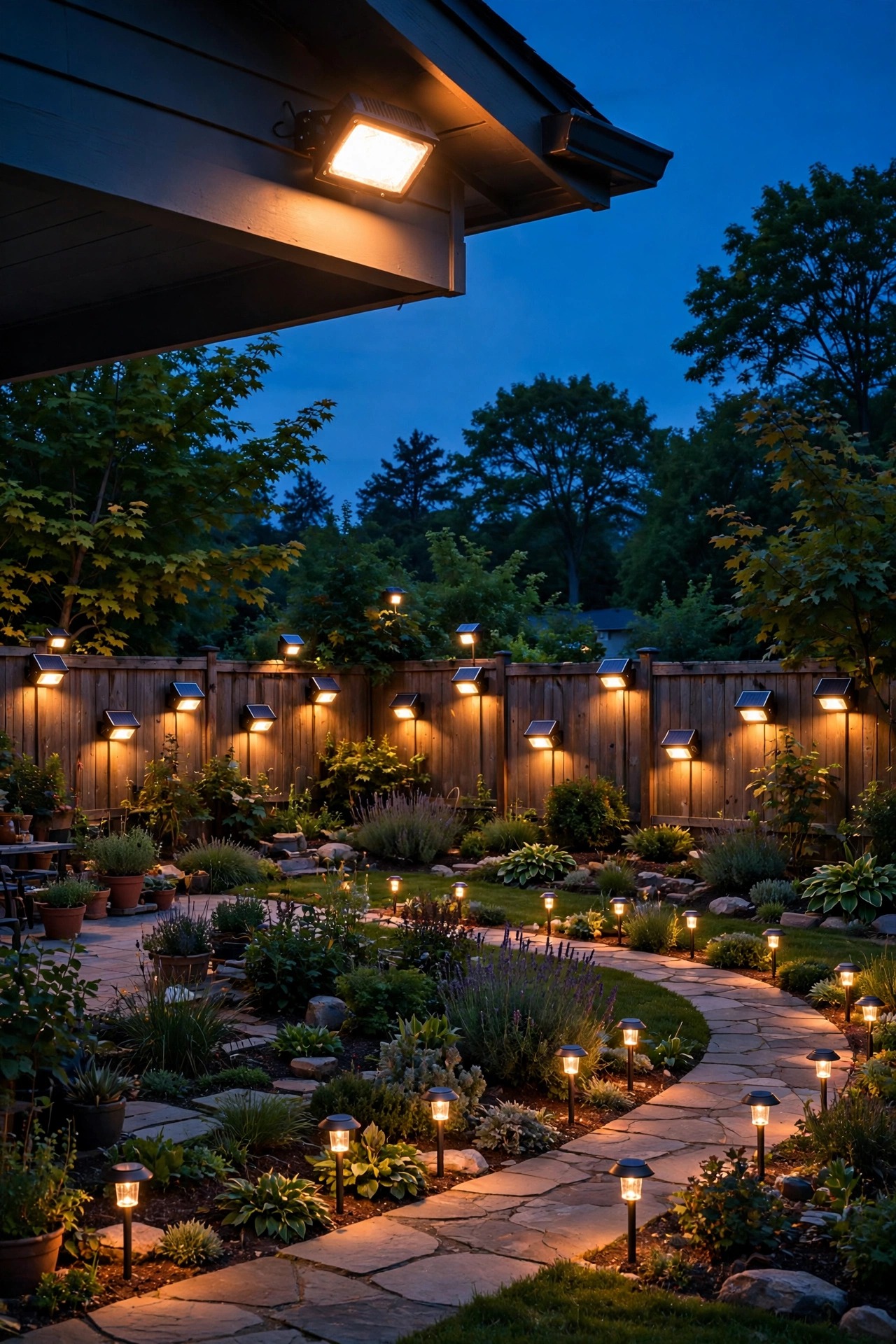 Layered solar motion sensor lights across a whole backyard, a floodlight above and path lights below glowing at dusk