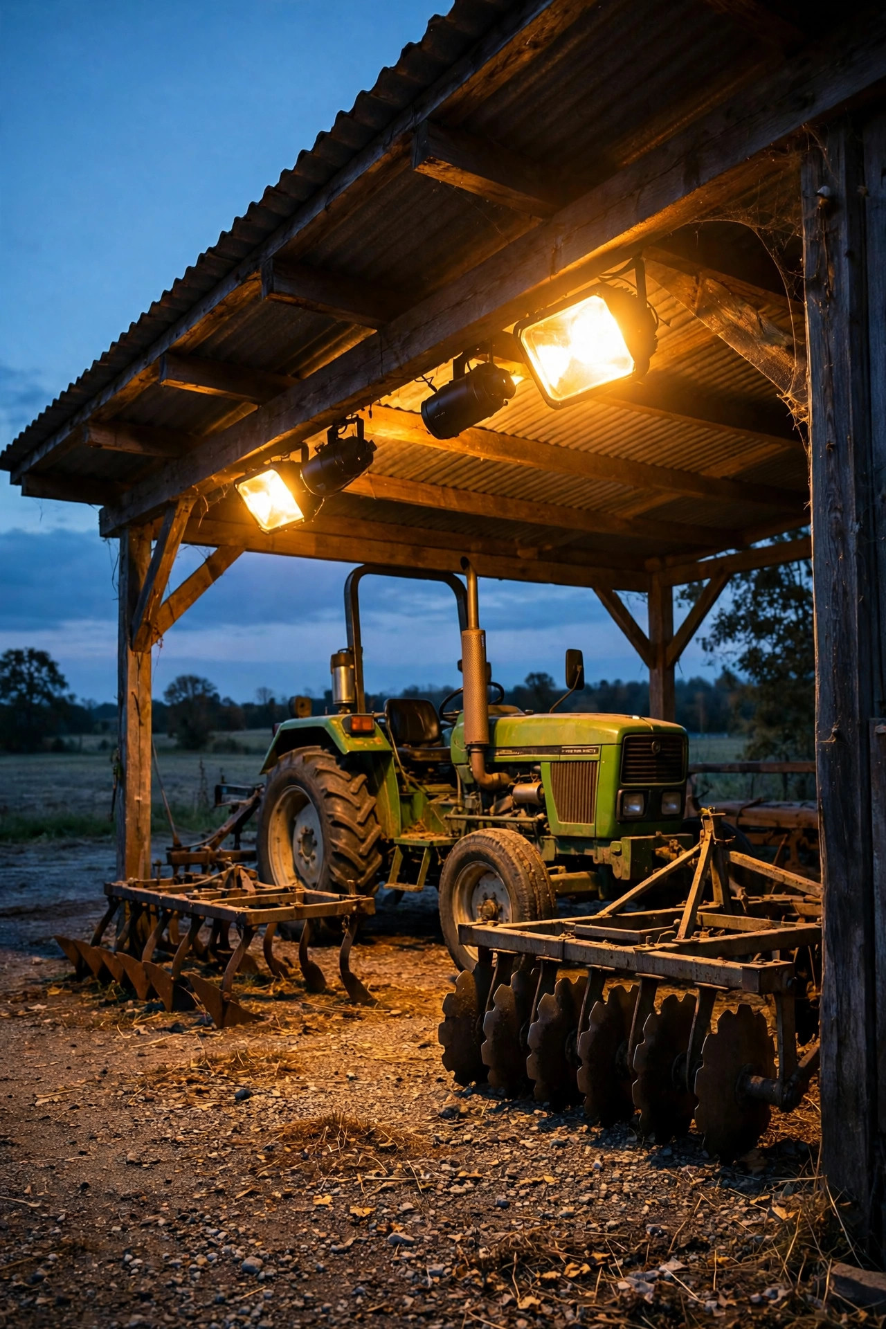 Flood lights under a lean-to roof illuminating a parked tractor and implements at dusk