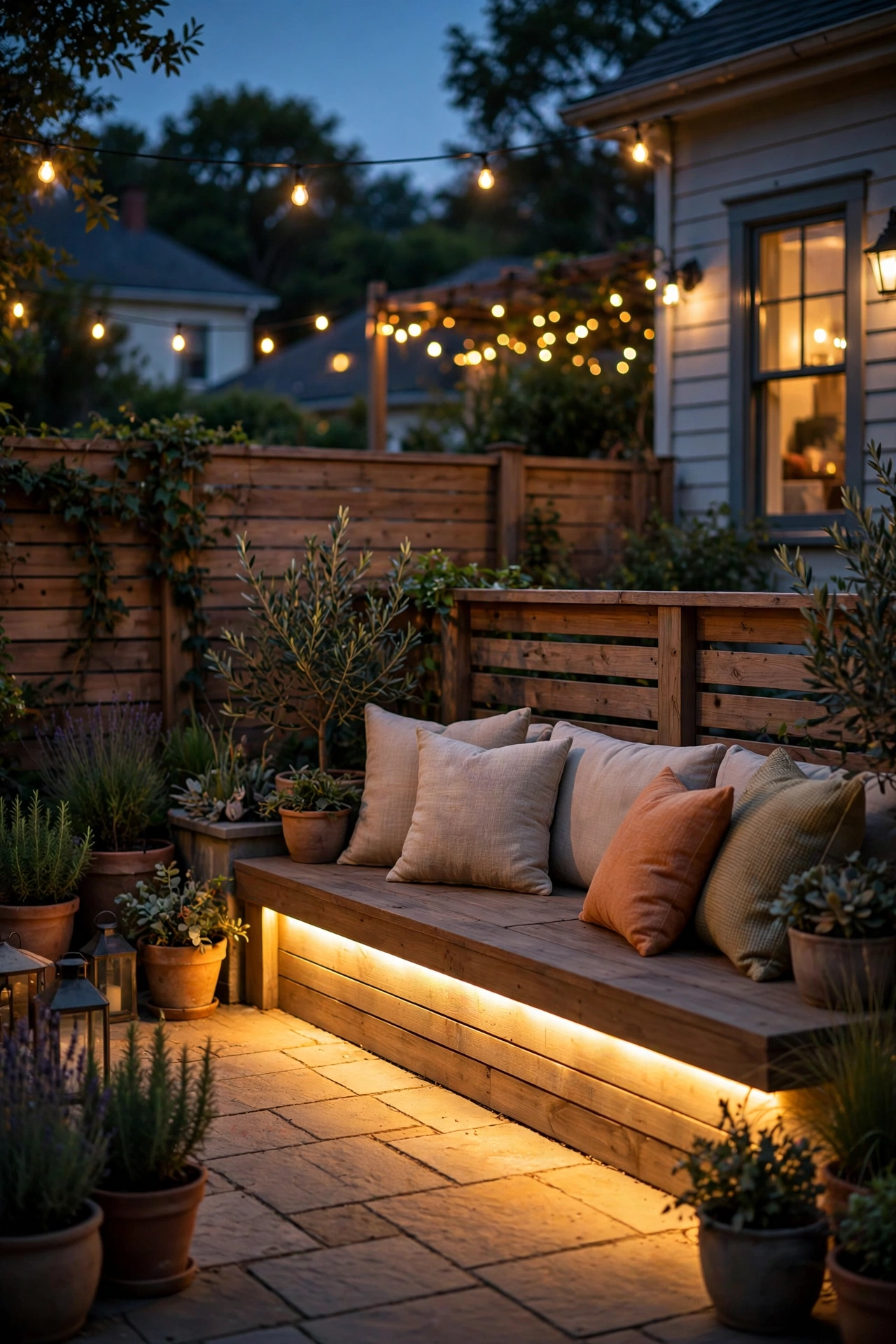 LED strip lights under bench seating creating a floating glow effect at night
