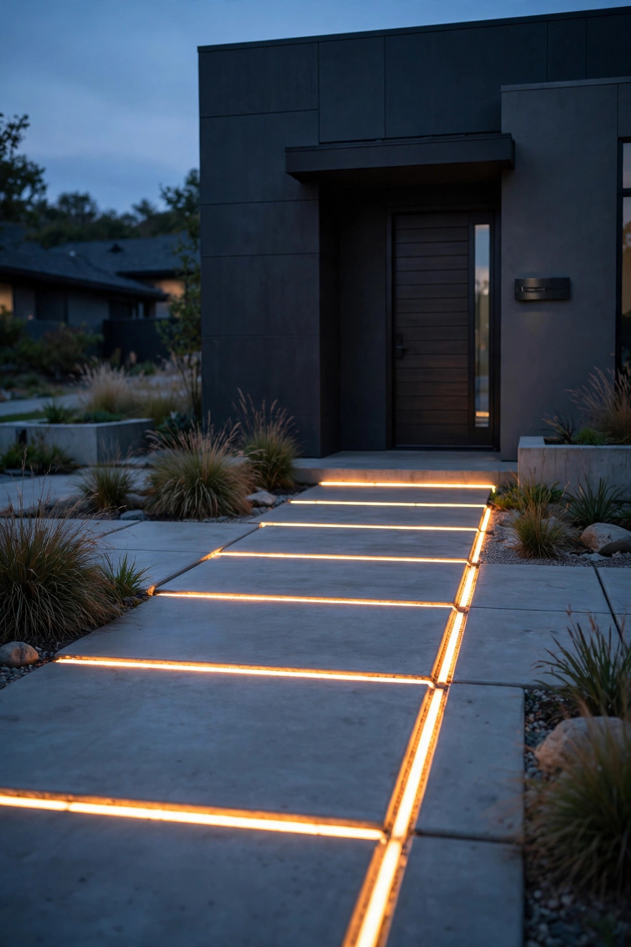 Recessed LED strip lights glowing in the joints of a modern concrete walkway