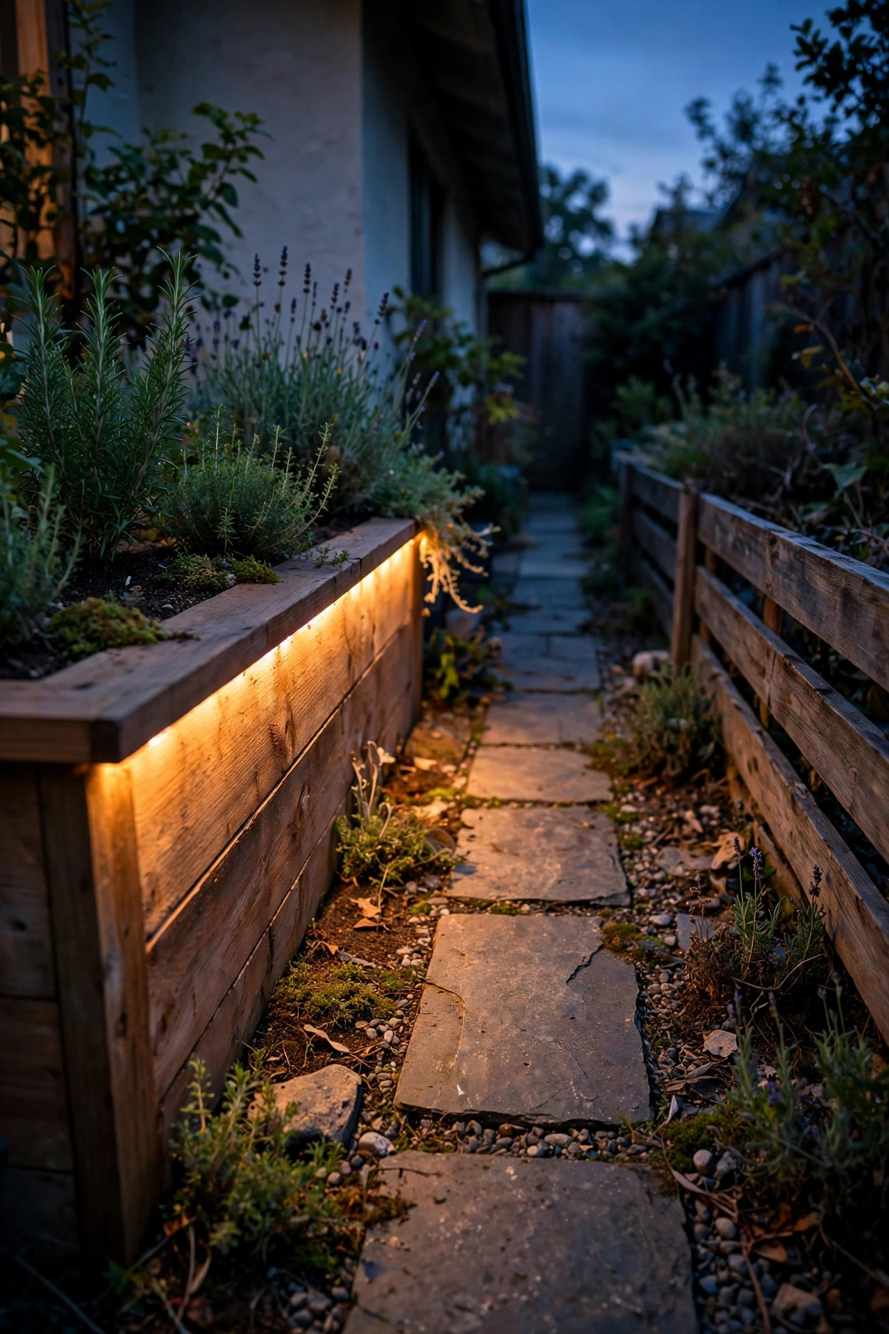 Outdoor LED strip tucked under a raised bed cap washing warm light down over a narrow side yard path at dusk