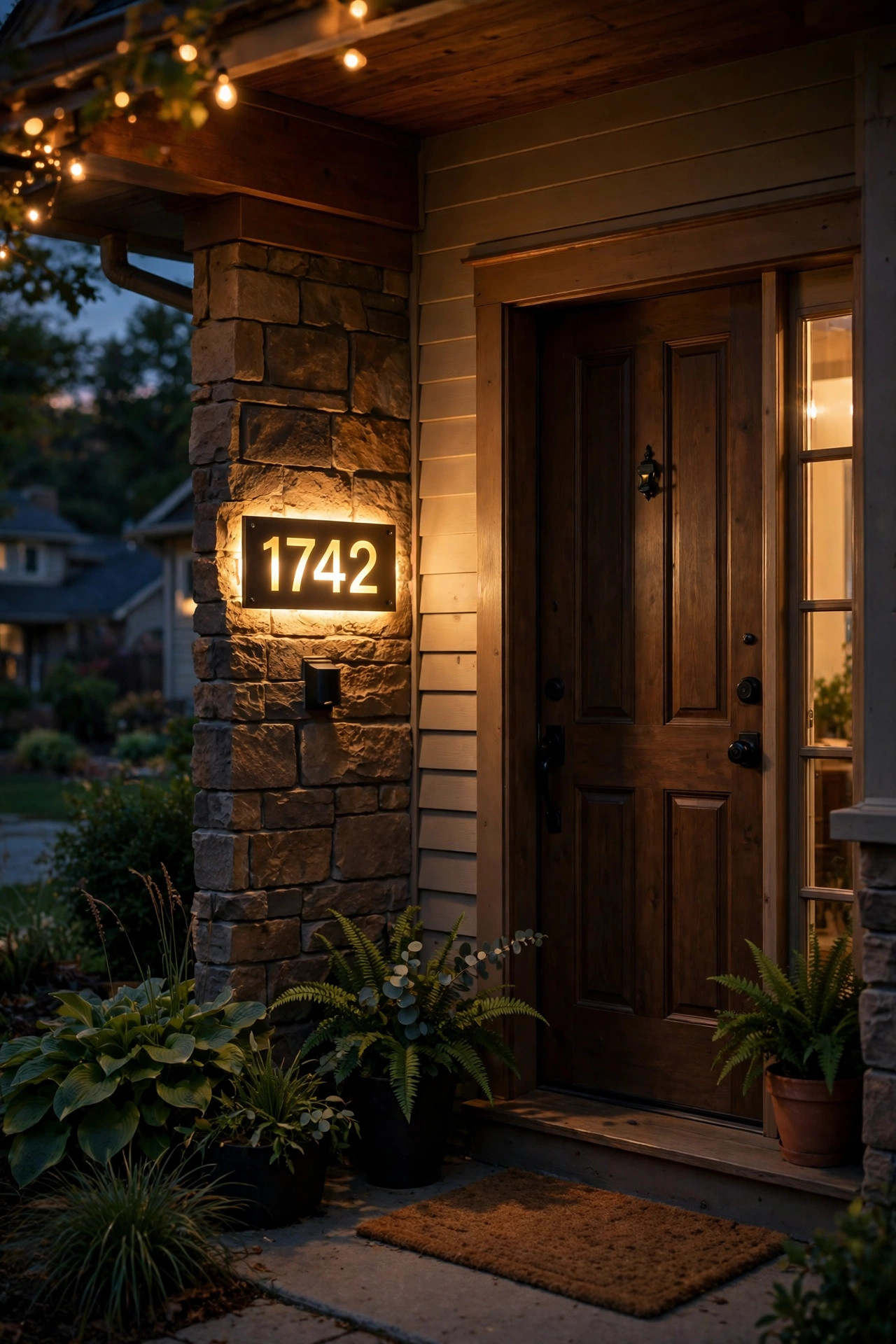 Backlit house number plaque glowing beside the front door of an open porch at night